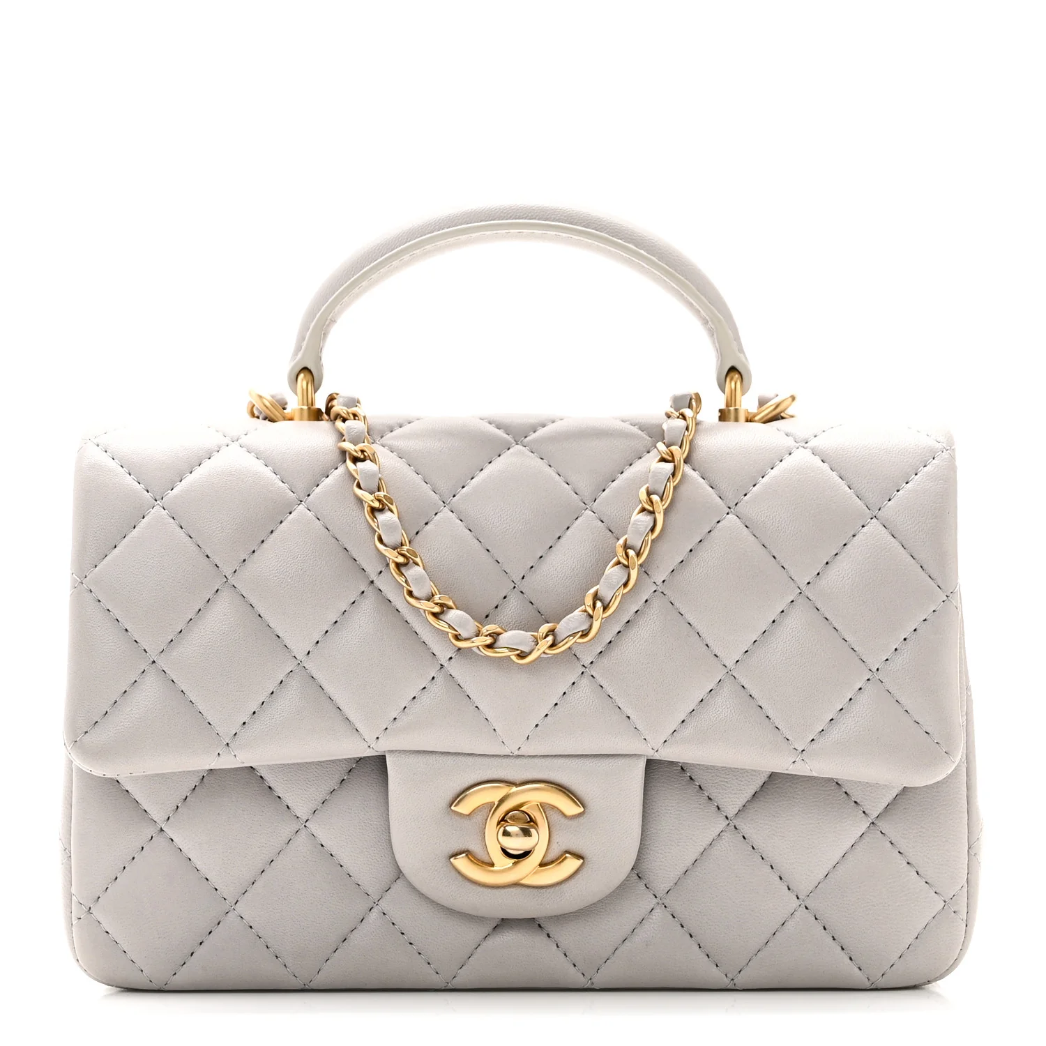 Lambskin Quilted Mini Top Handle Rectangular Flap Grey