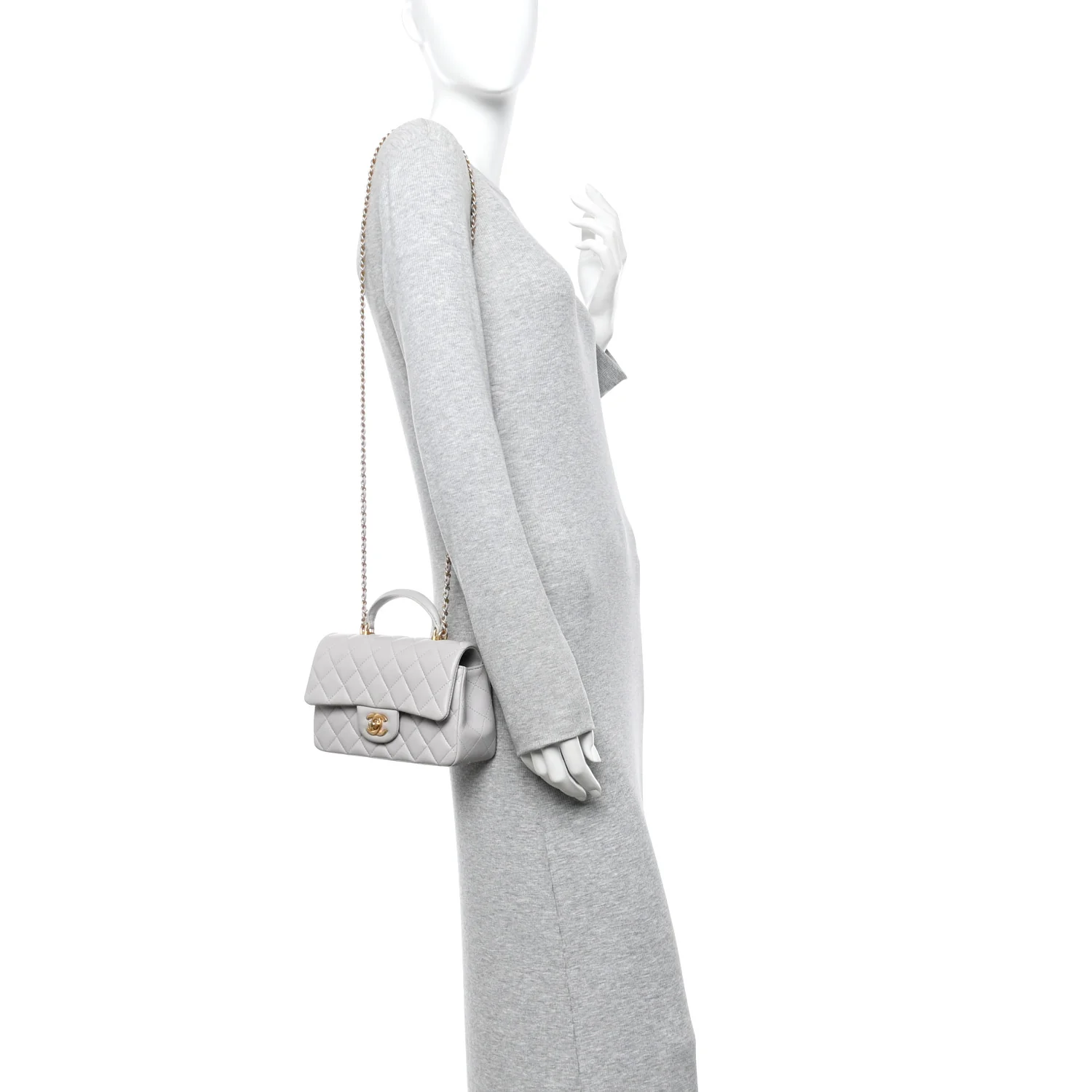 Lambskin Quilted Mini Top Handle Rectangular Flap Grey - Image 2