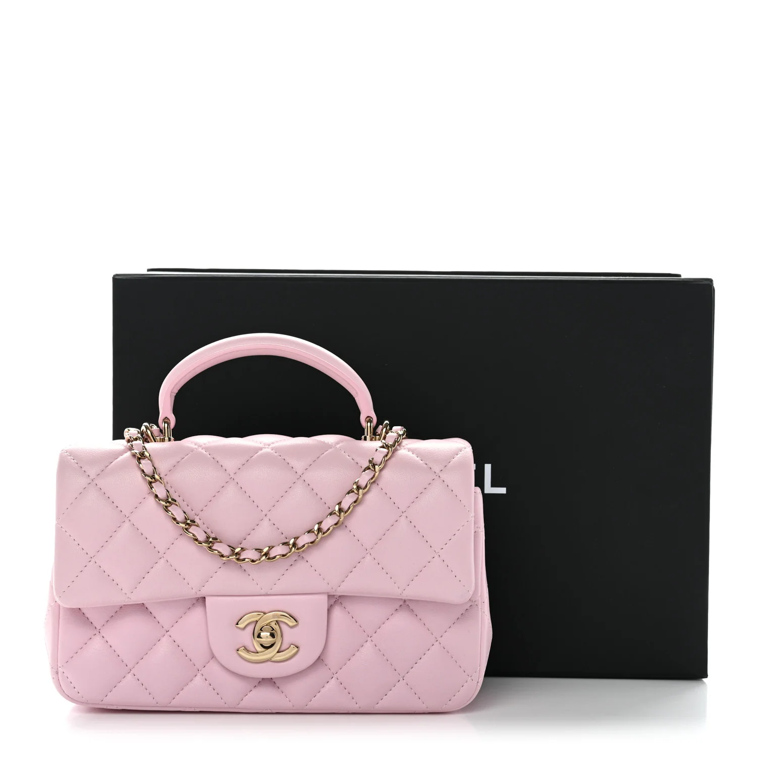 Lambskin Quilted Mini Top Handle Rectangular Flap Light Pink - Image 11
