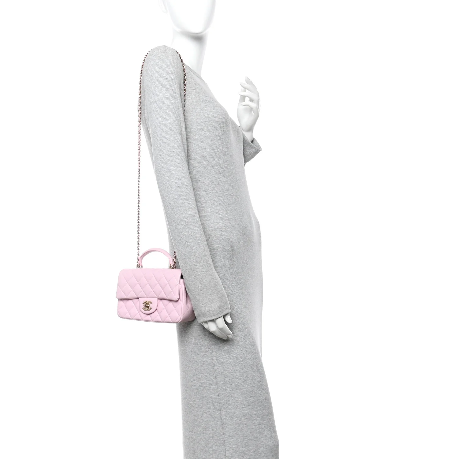 Lambskin Quilted Mini Top Handle Rectangular Flap Light Pink - Image 2
