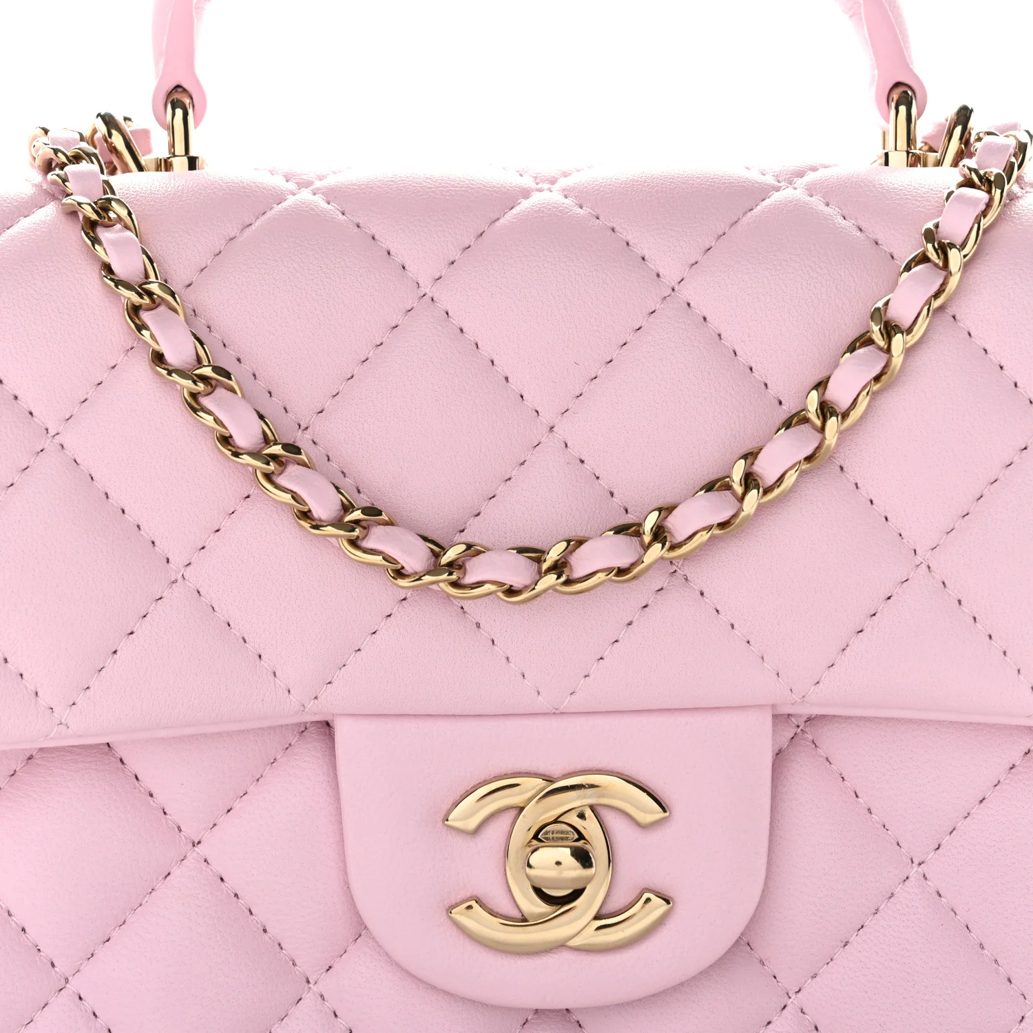 Lambskin Quilted Mini Top Handle Rectangular Flap Light Pink - Image 8