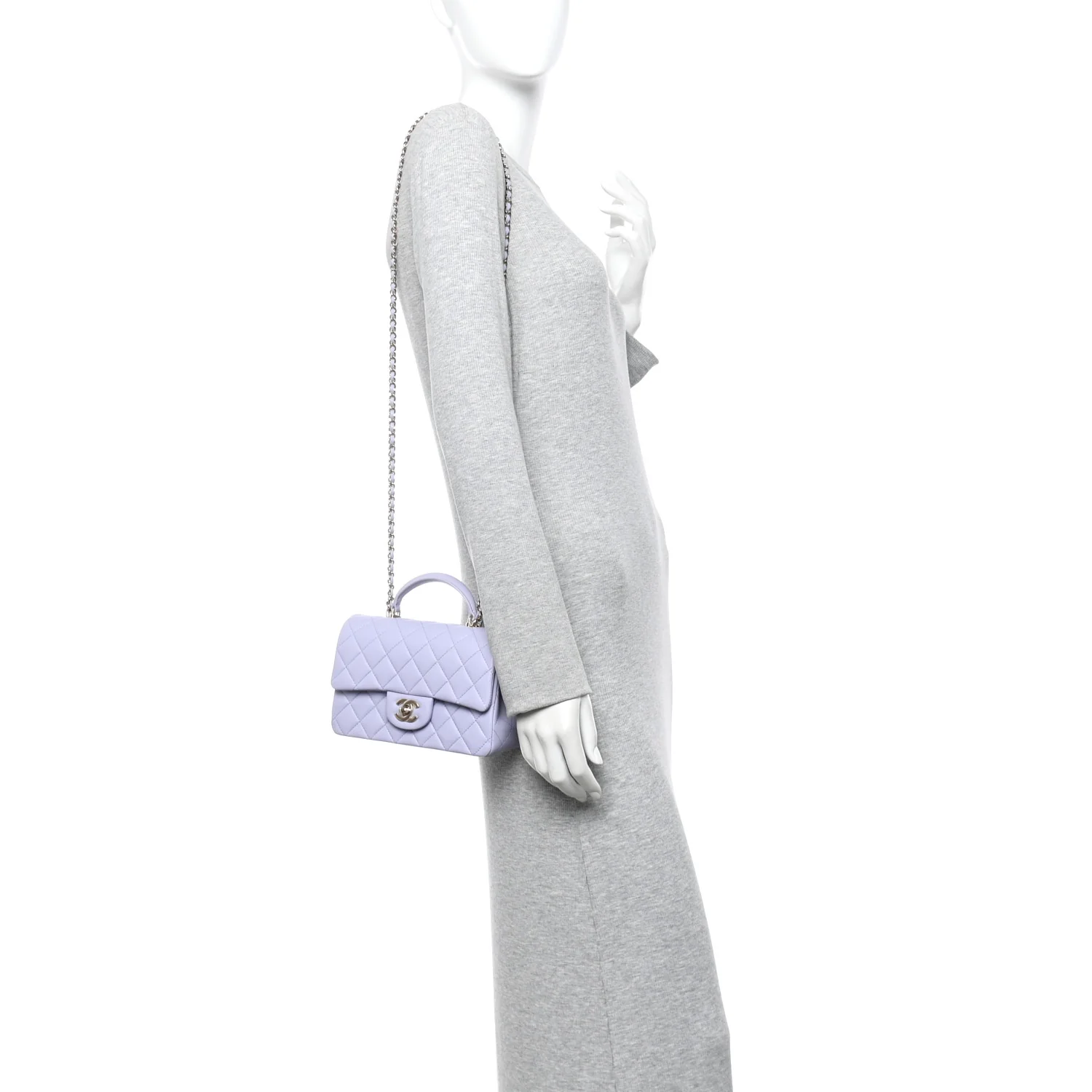 Lambskin Quilted Mini Top Handle Rectangular Flap Light Purple - Image 2