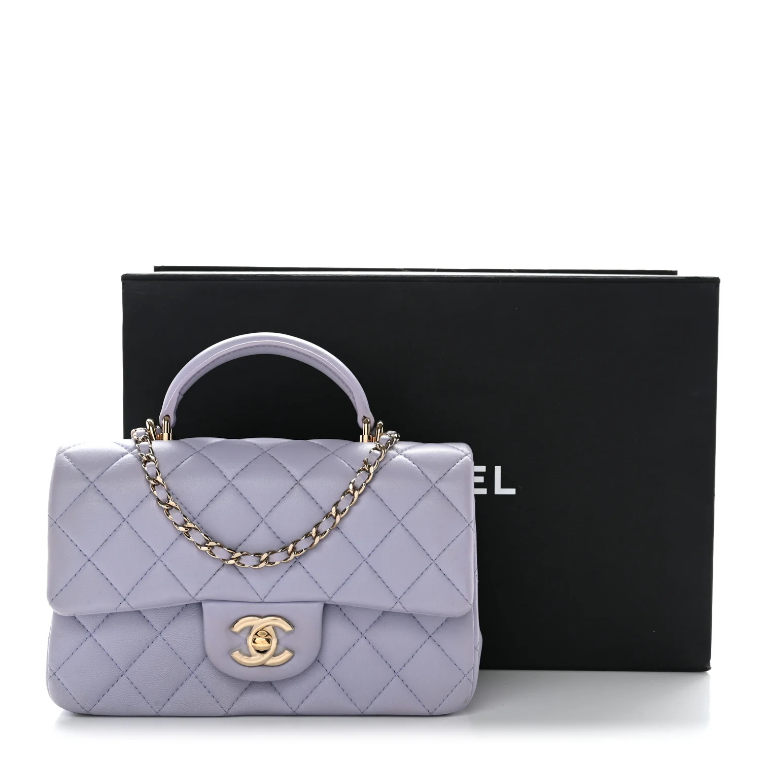 Lambskin Quilted Mini Top Handle Rectangular Flap Light Purple - Image 30