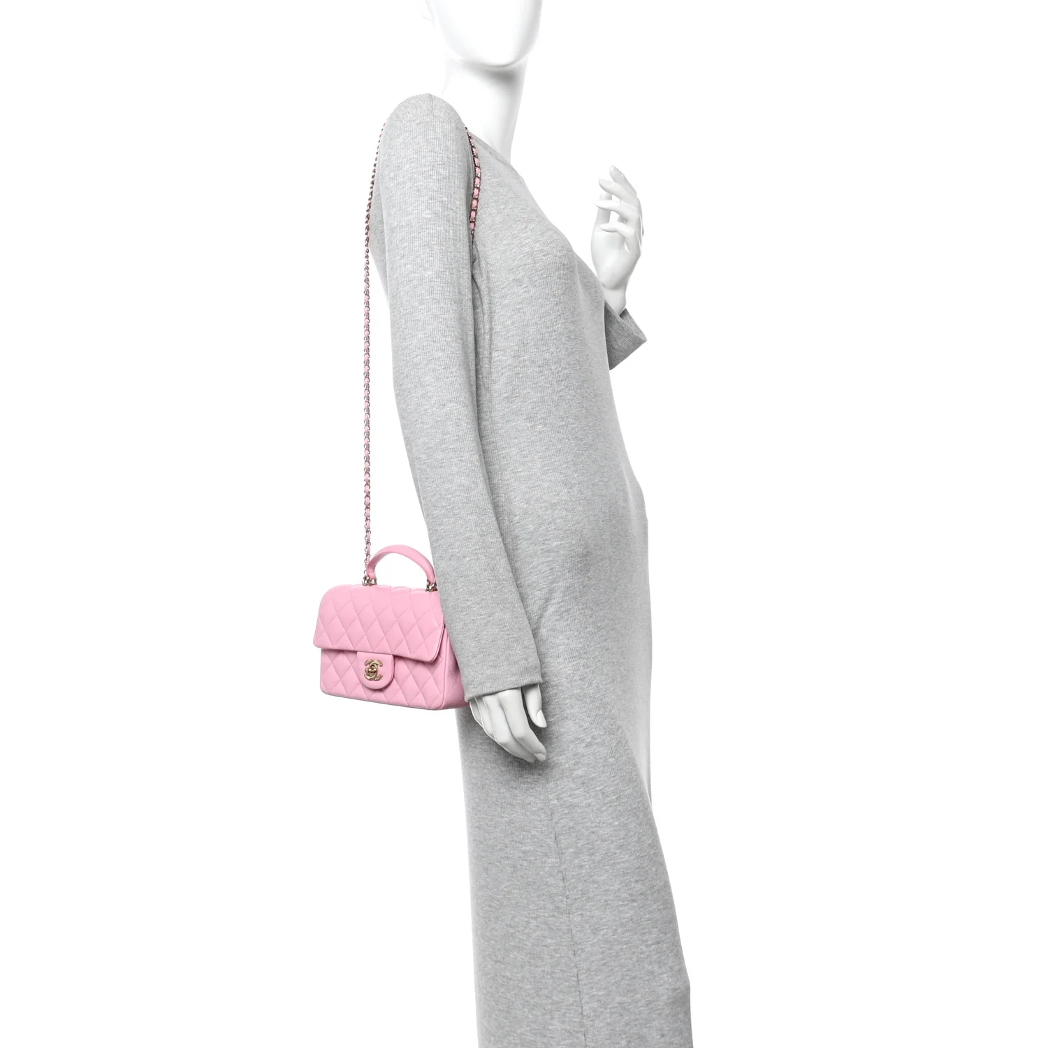 Lambskin Quilted Mini Top Handle Rectangular Flap Pink - Image 2