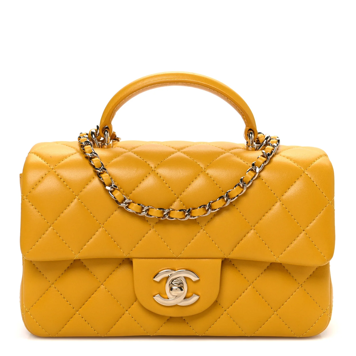 Lambskin Quilted Mini Top Handle Rectangular Flap Yellow