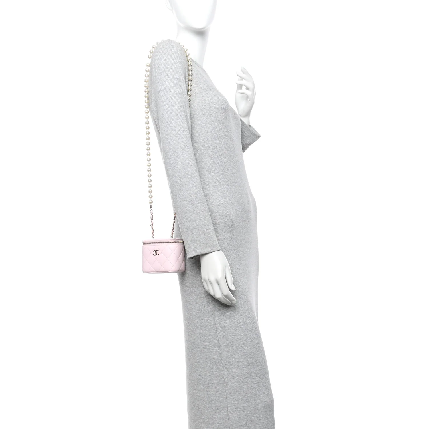 Lambskin Quilted Mini Vanity Case With Pearl Chain Light Pink - Image 2