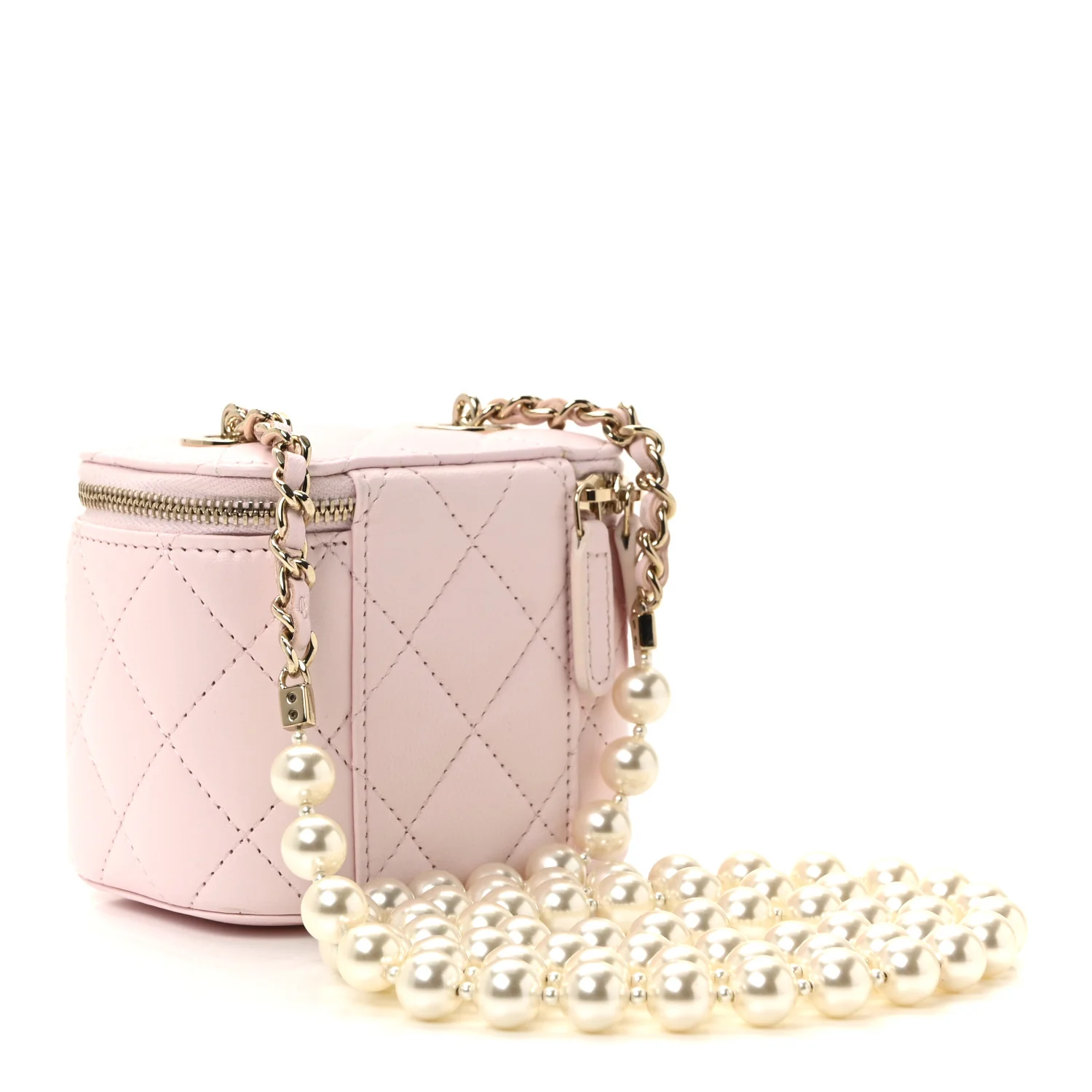 Lambskin Quilted Mini Vanity Case With Pearl Chain Light Pink - Image 3