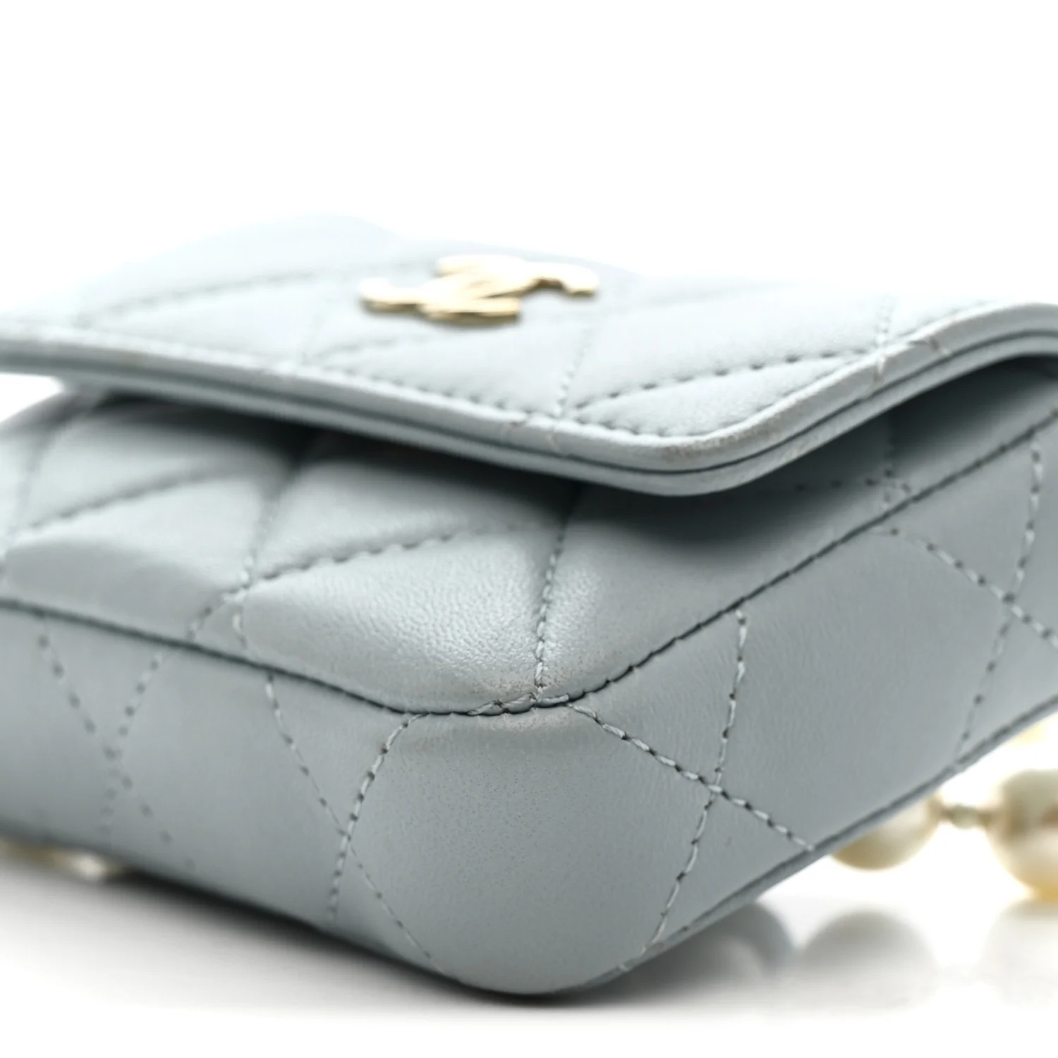 Lambskin Quilted Pearl Chain Belt Bag Light Blue - Image 11