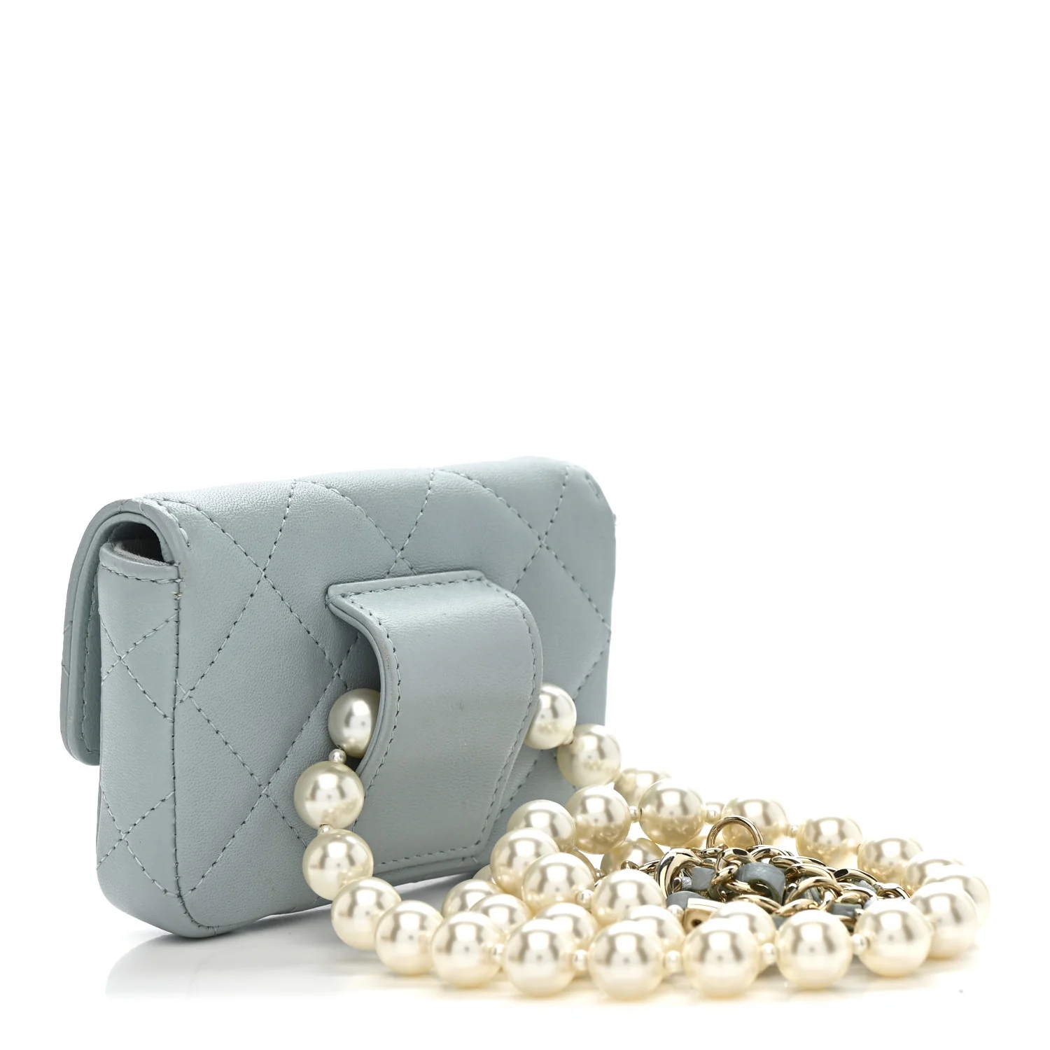 Lambskin Quilted Pearl Chain Belt Bag Light Blue - Image 3