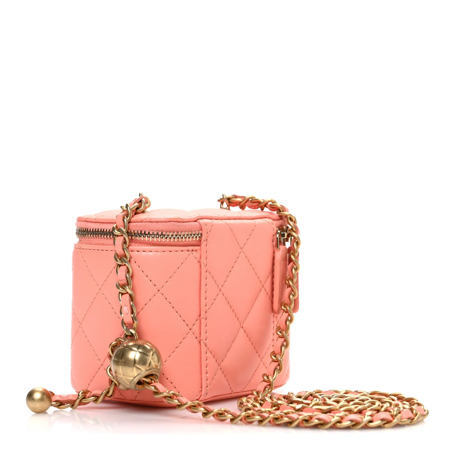 Lambskin Quilted Pearl Crush Mini Vanity Case With Chain Coral - Image 3