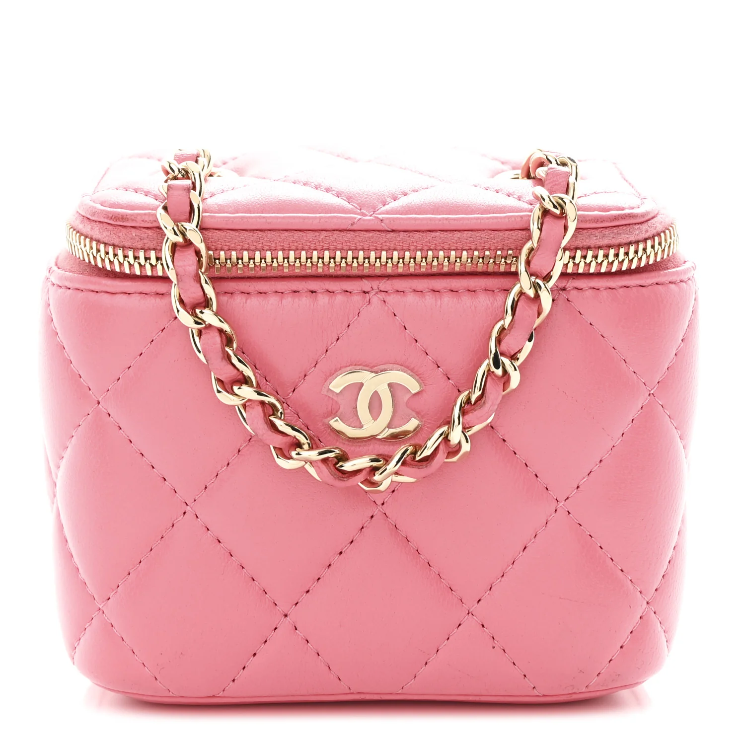 Lambskin Quilted Pearl Crush Mini Vanity Case With Chain Dark Pink