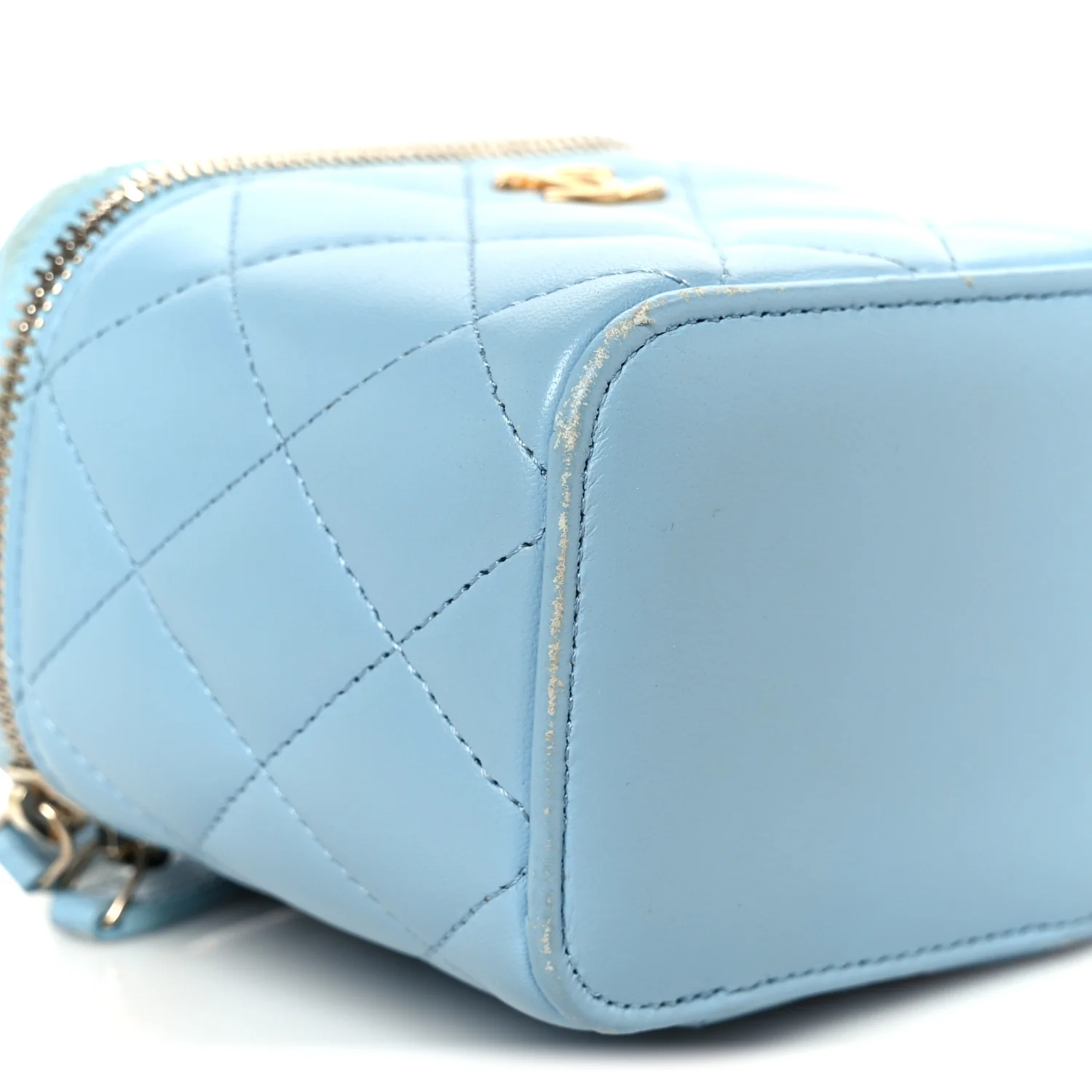 Lambskin Quilted Pearl Crush Mini Vanity Case With Chain Light Blue - Image 10