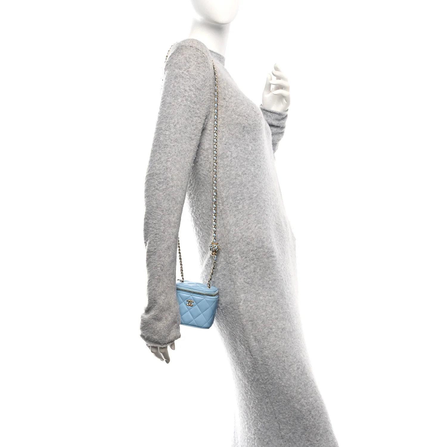 Lambskin Quilted Pearl Crush Mini Vanity Case With Chain Light Blue - Image 2
