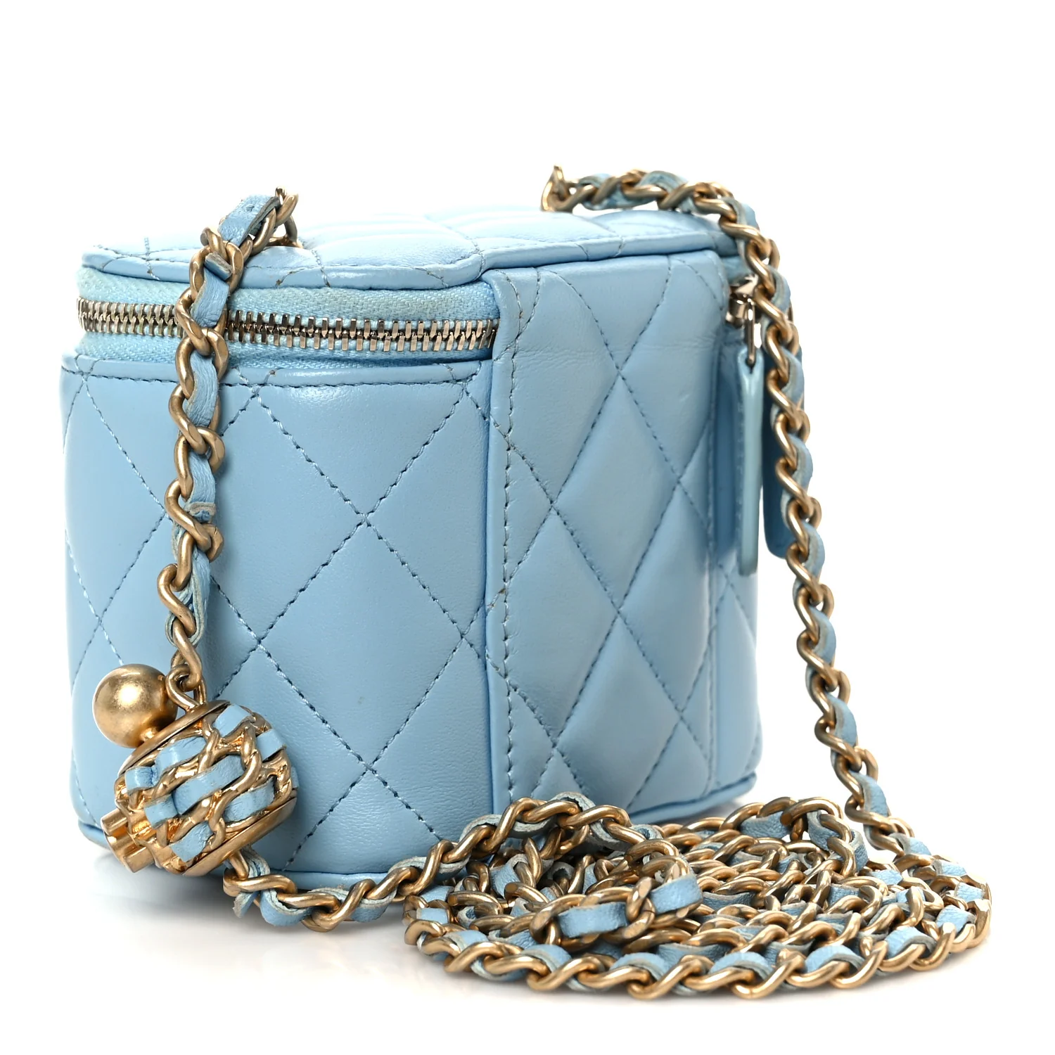 Lambskin Quilted Pearl Crush Mini Vanity Case With Chain Light Blue - Image 3