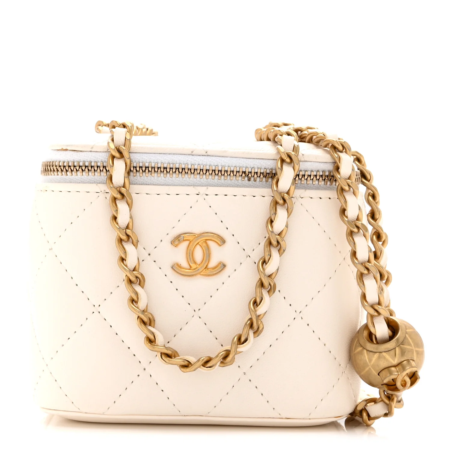 Lambskin Quilted Pearl Crush Mini Vanity Case With Chain White