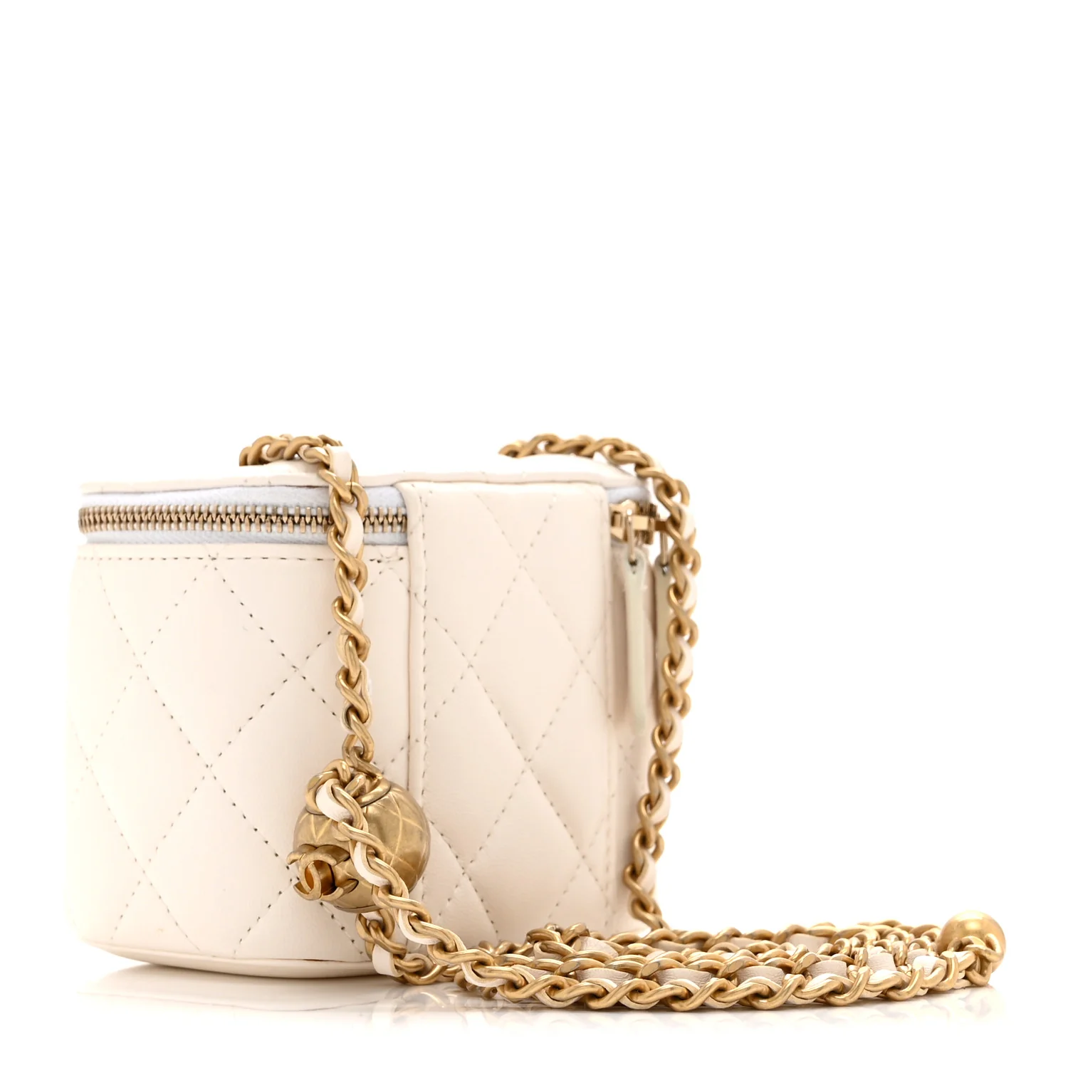 Lambskin Quilted Pearl Crush Mini Vanity Case With Chain White - Image 3