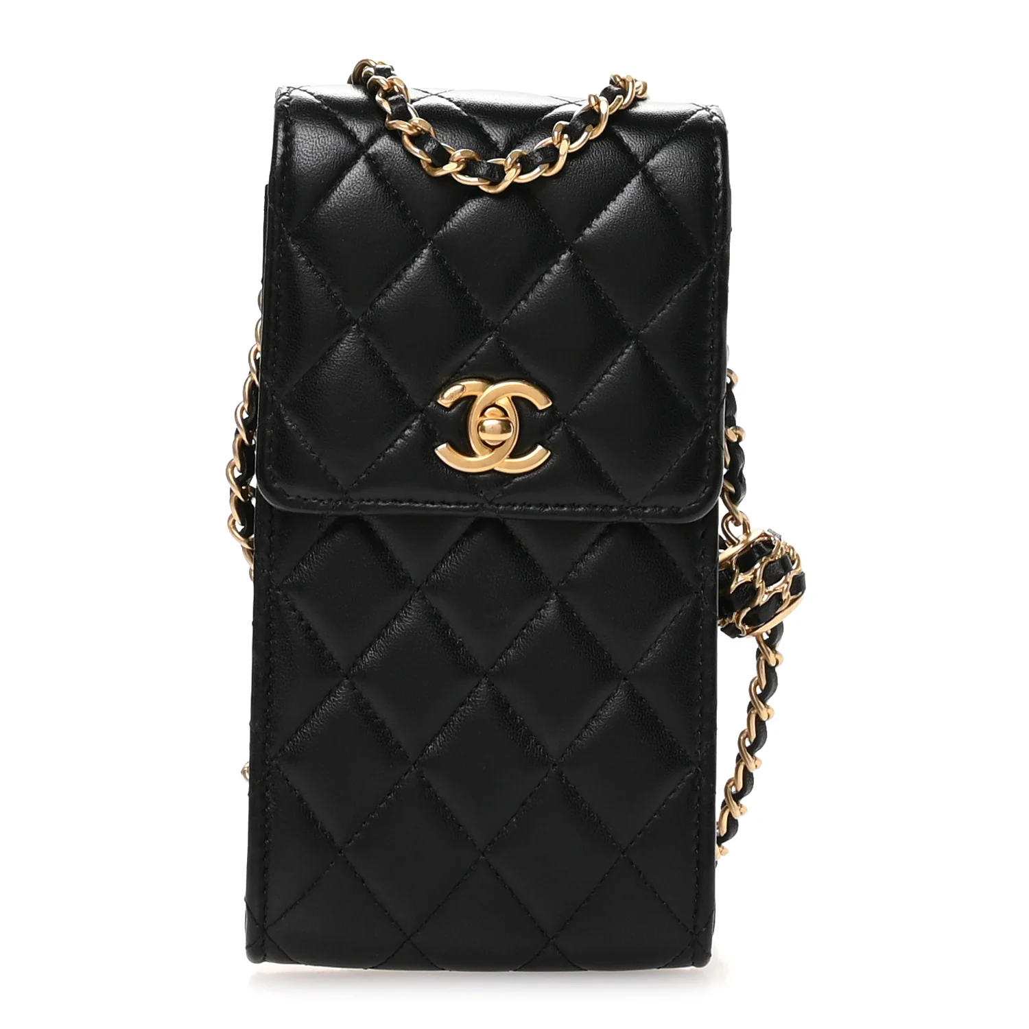 Lambskin Quilted Pearl Crush Phone Holder With Chain Black