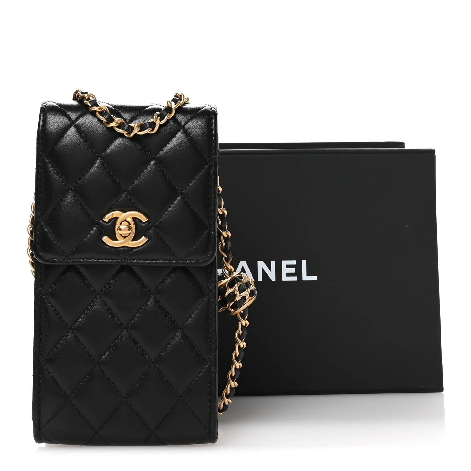 Lambskin Quilted Pearl Crush Phone Holder With Chain Black - Image 12