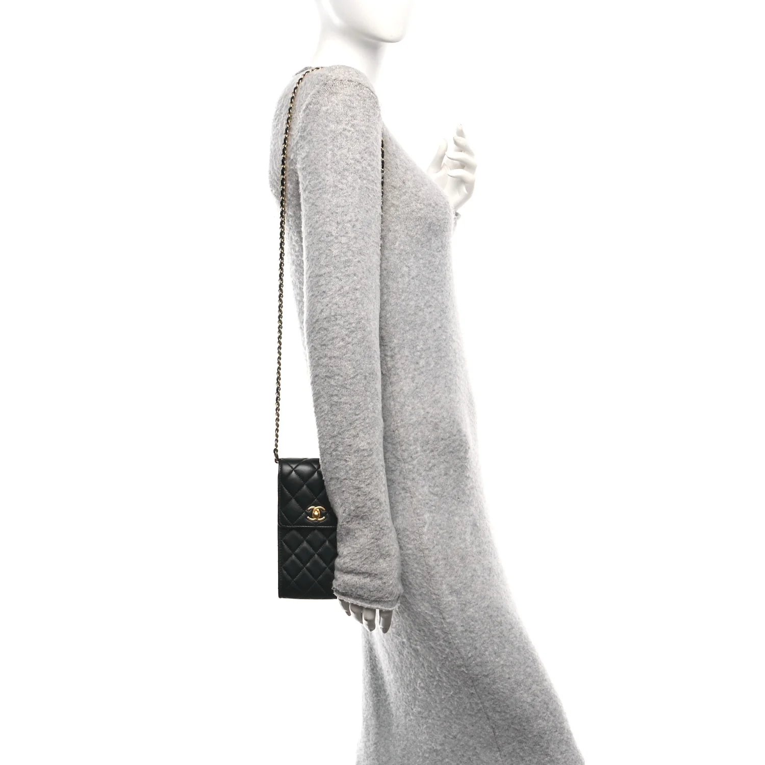 Lambskin Quilted Pearl Crush Phone Holder With Chain Black - Image 2