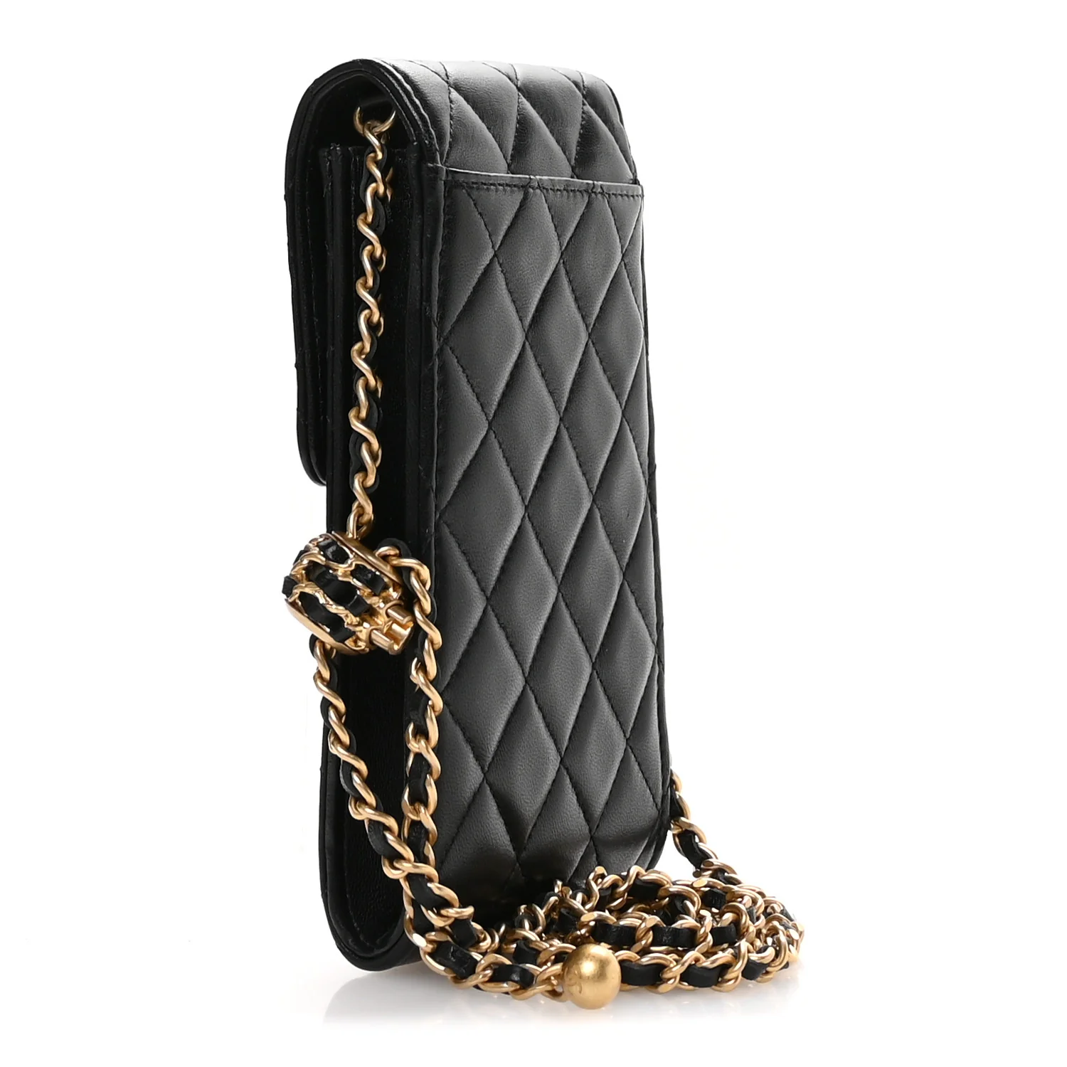 Lambskin Quilted Pearl Crush Phone Holder With Chain Black - Image 3