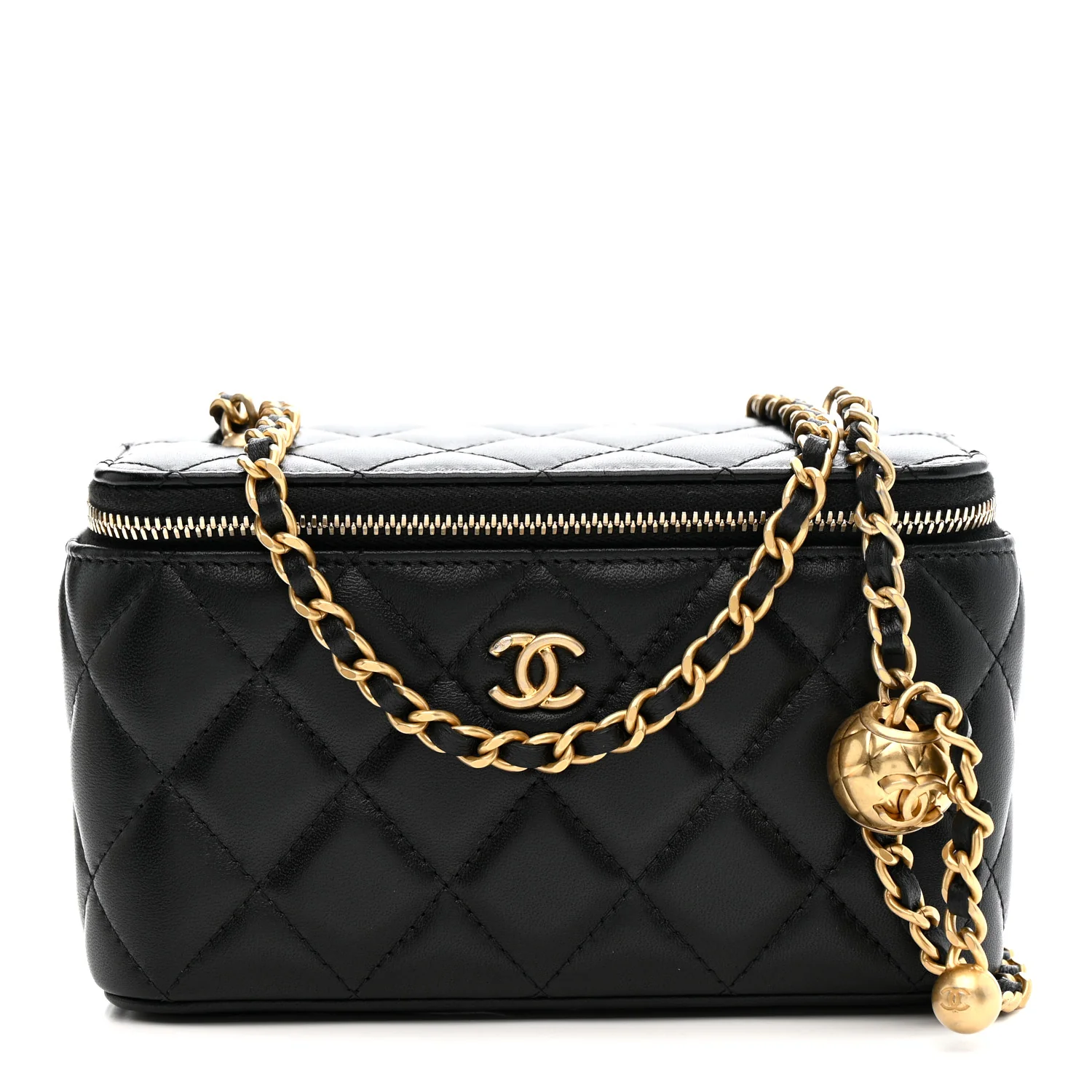 Lambskin Quilted Pearl Crush Small Vanity Case With Chain Black