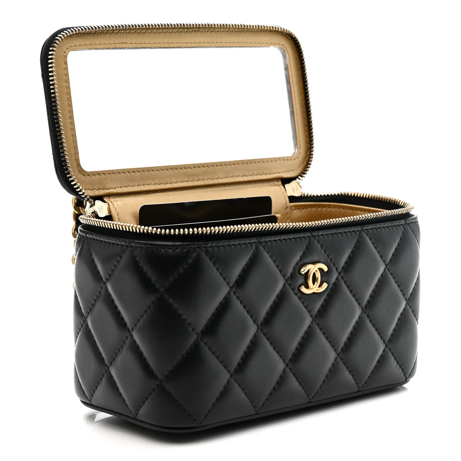 Lambskin Quilted Pearl Crush Small Vanity Case With Chain Black - Image 5