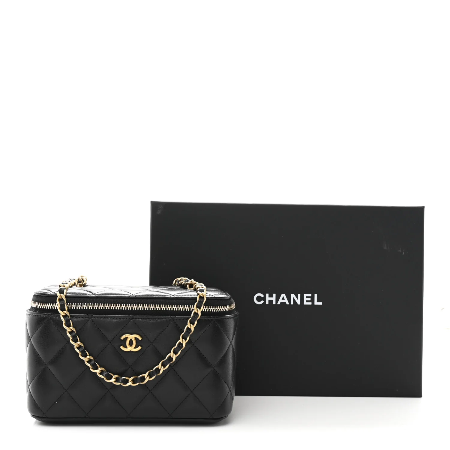 Lambskin Quilted Pearl Crush Small Vanity Case With Chain Black - Image 11