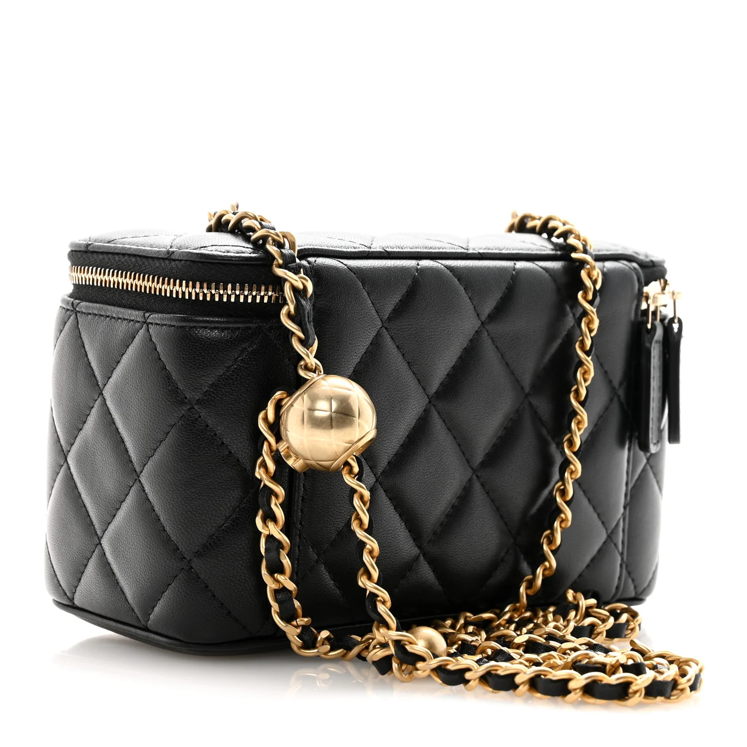 Lambskin Quilted Pearl Crush Small Vanity Case With Chain Black - Image 3