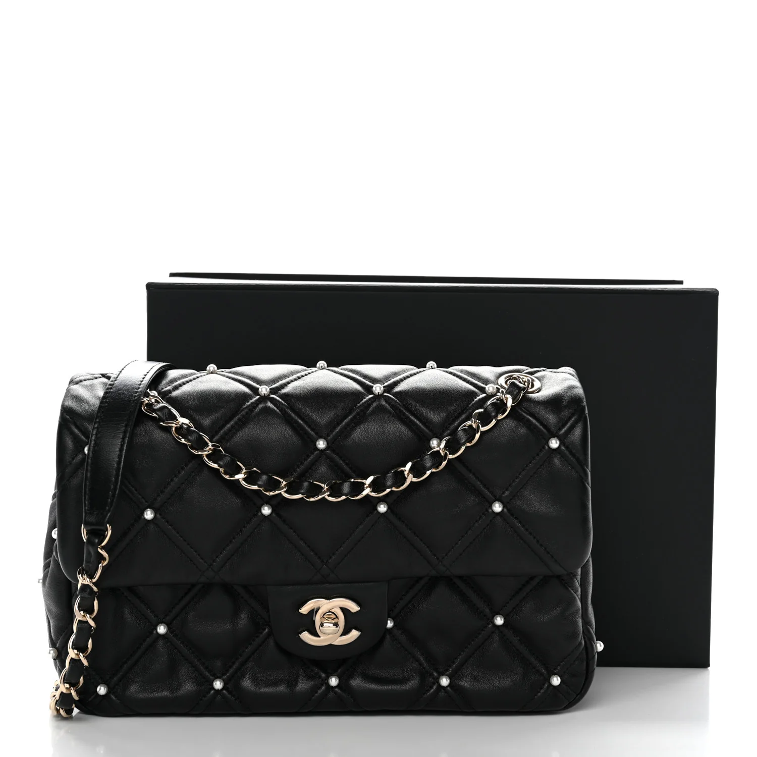 Lambskin Quilted Pearl Studded Flap Black - Image 12