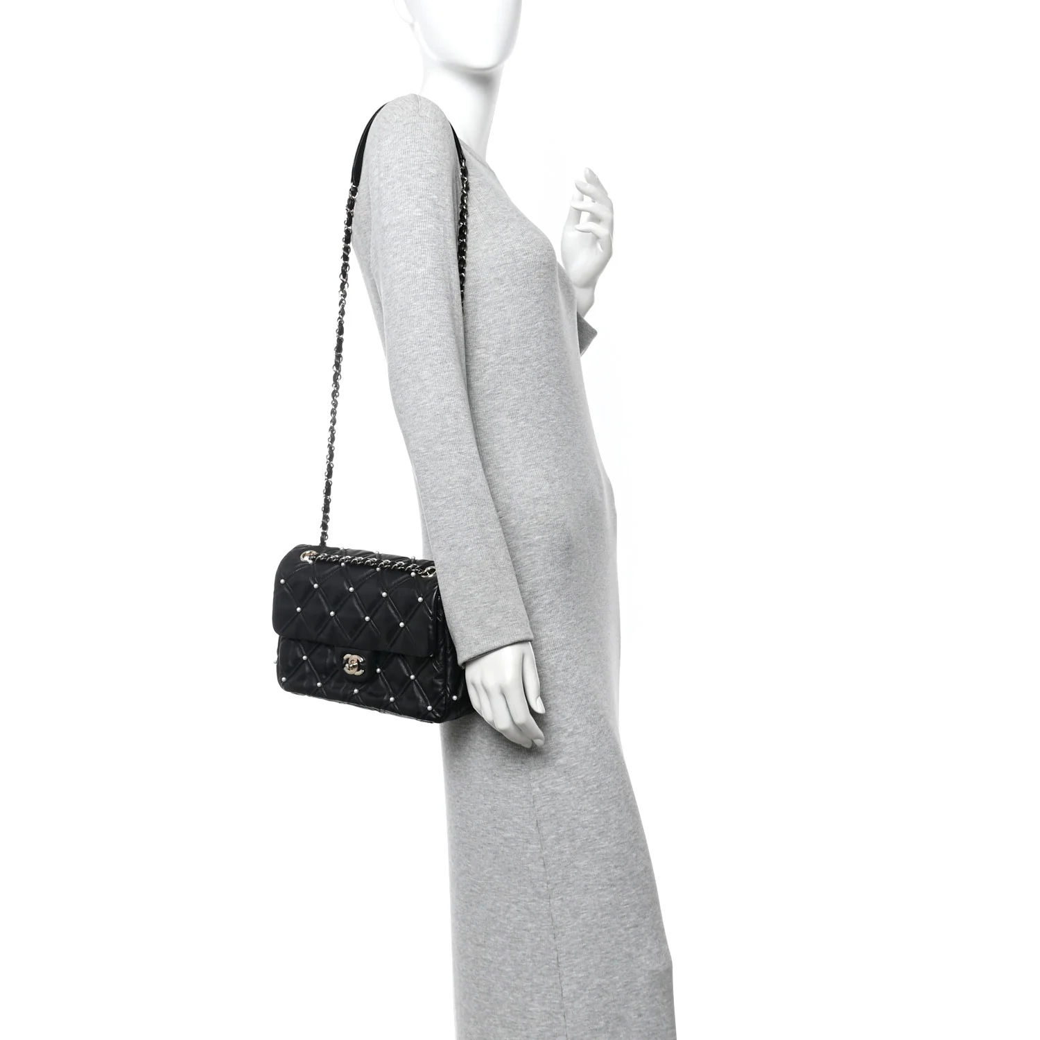 Lambskin Quilted Pearl Studded Flap Black - Image 2