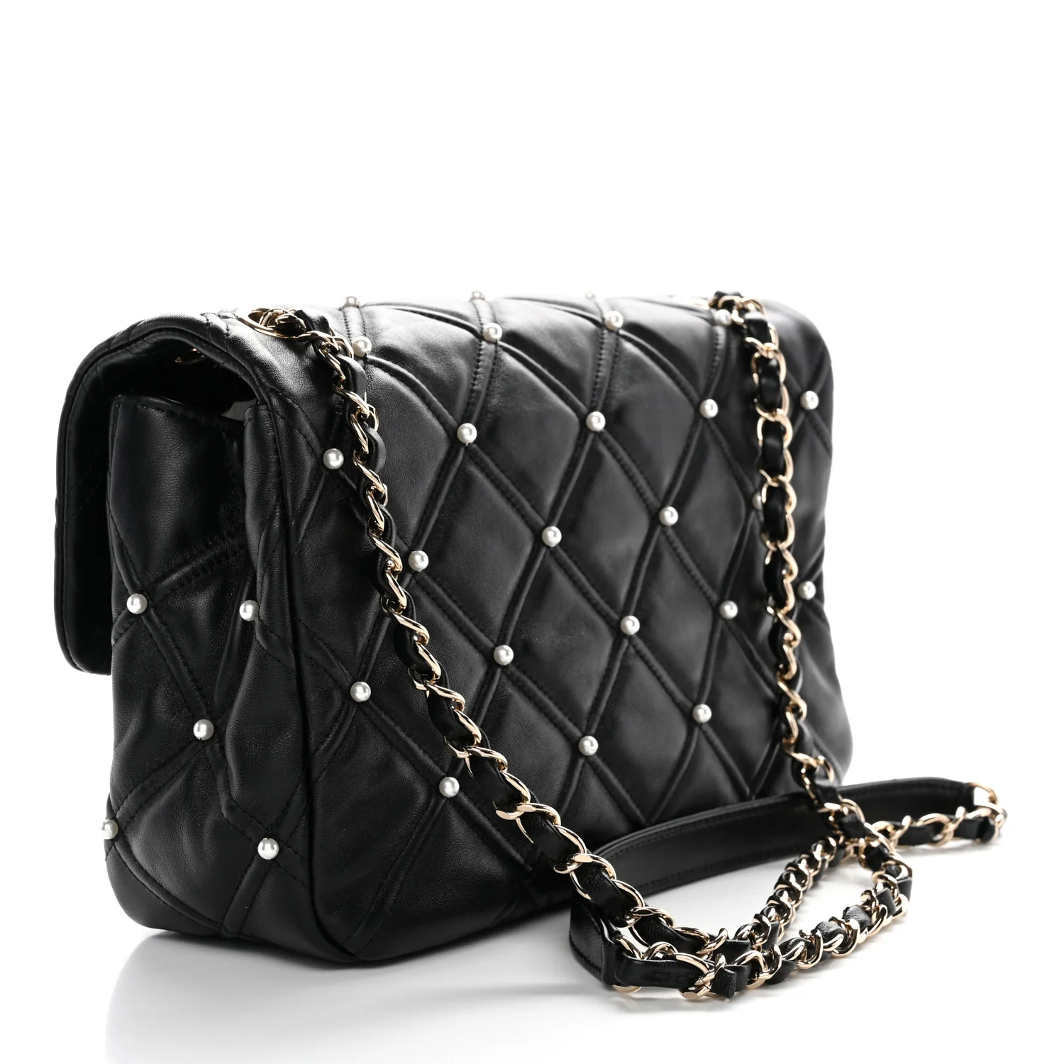 Lambskin Quilted Pearl Studded Flap Black - Image 3