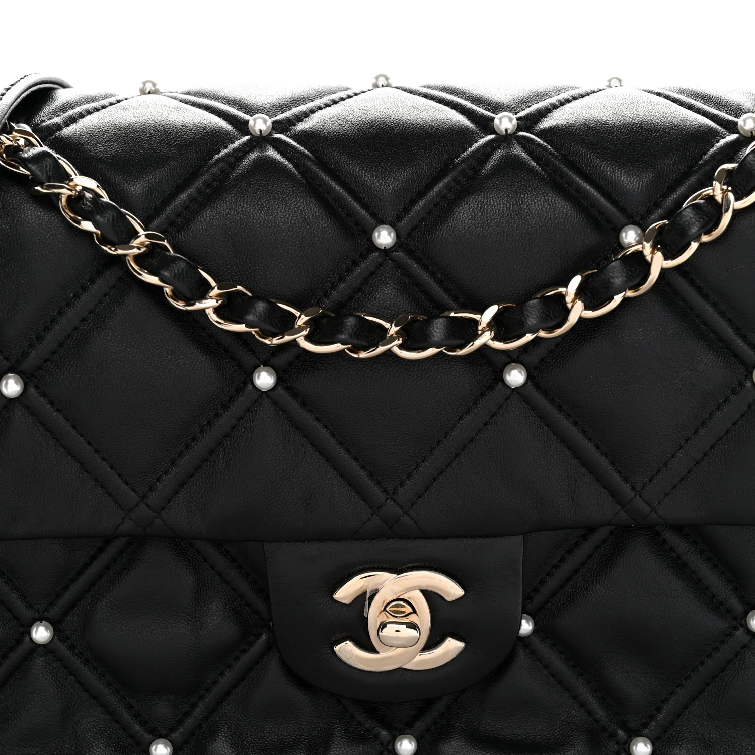 Lambskin Quilted Pearl Studded Flap Black - Image 8
