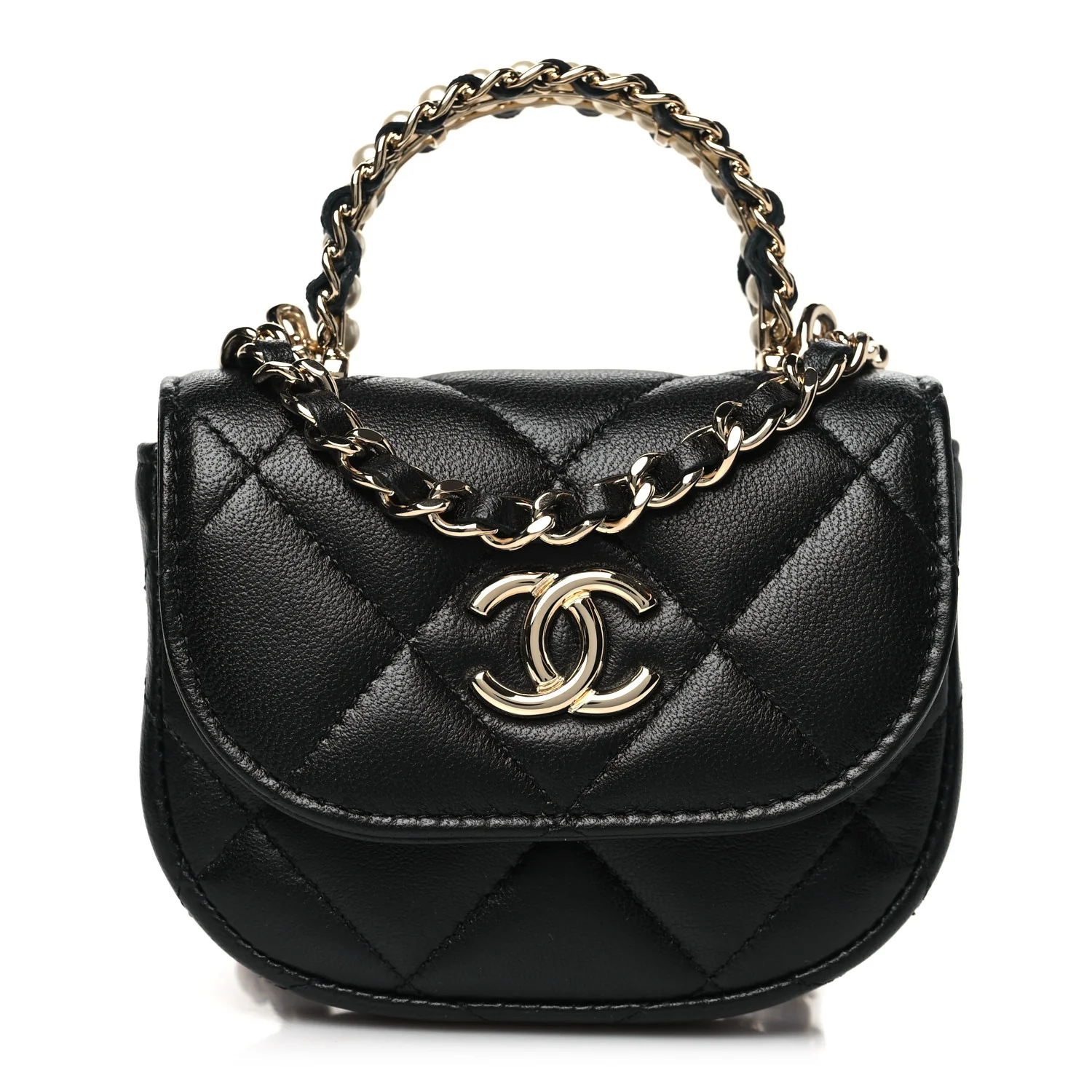 Lambskin Quilted Pearl Top Handle Clutch With Chain Black