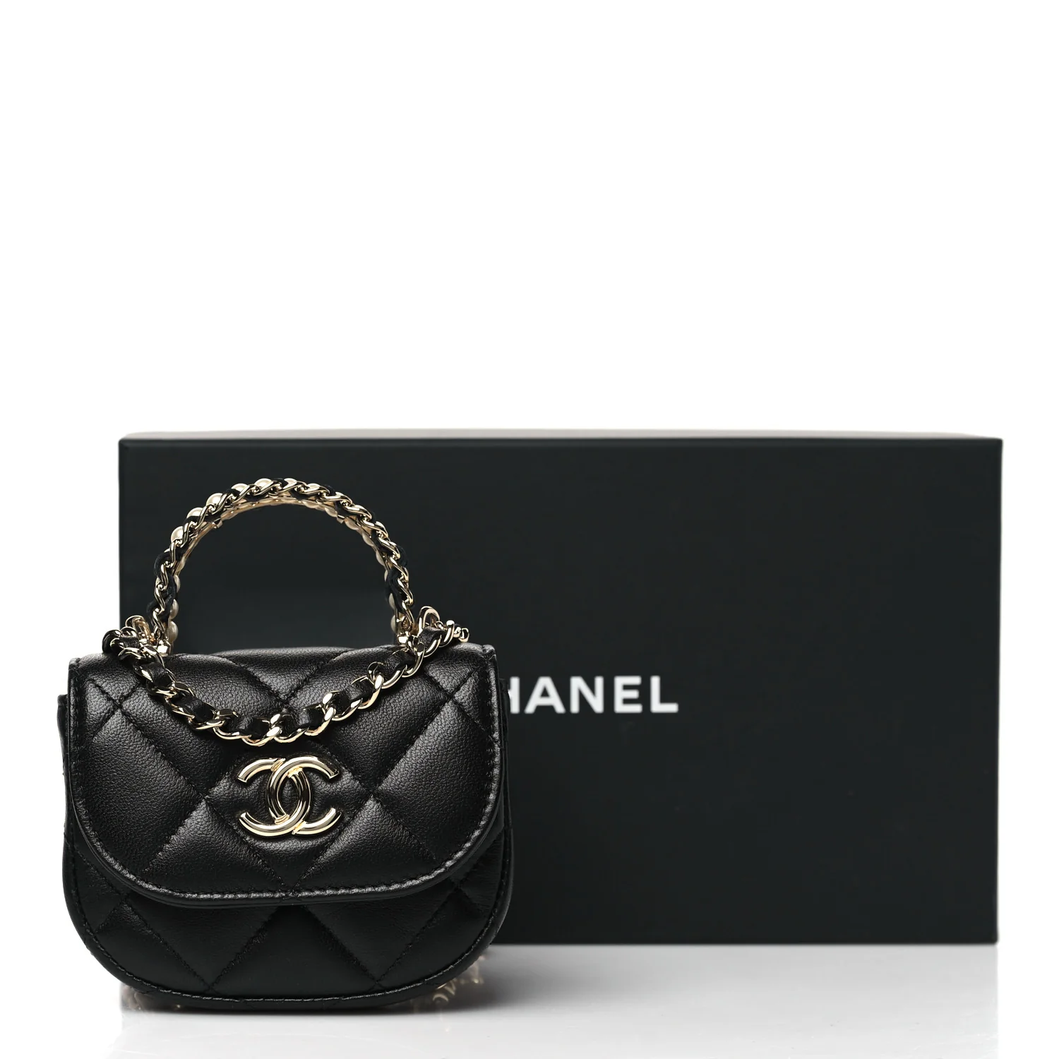 Lambskin Quilted Pearl Top Handle Clutch With Chain Black - Image 12