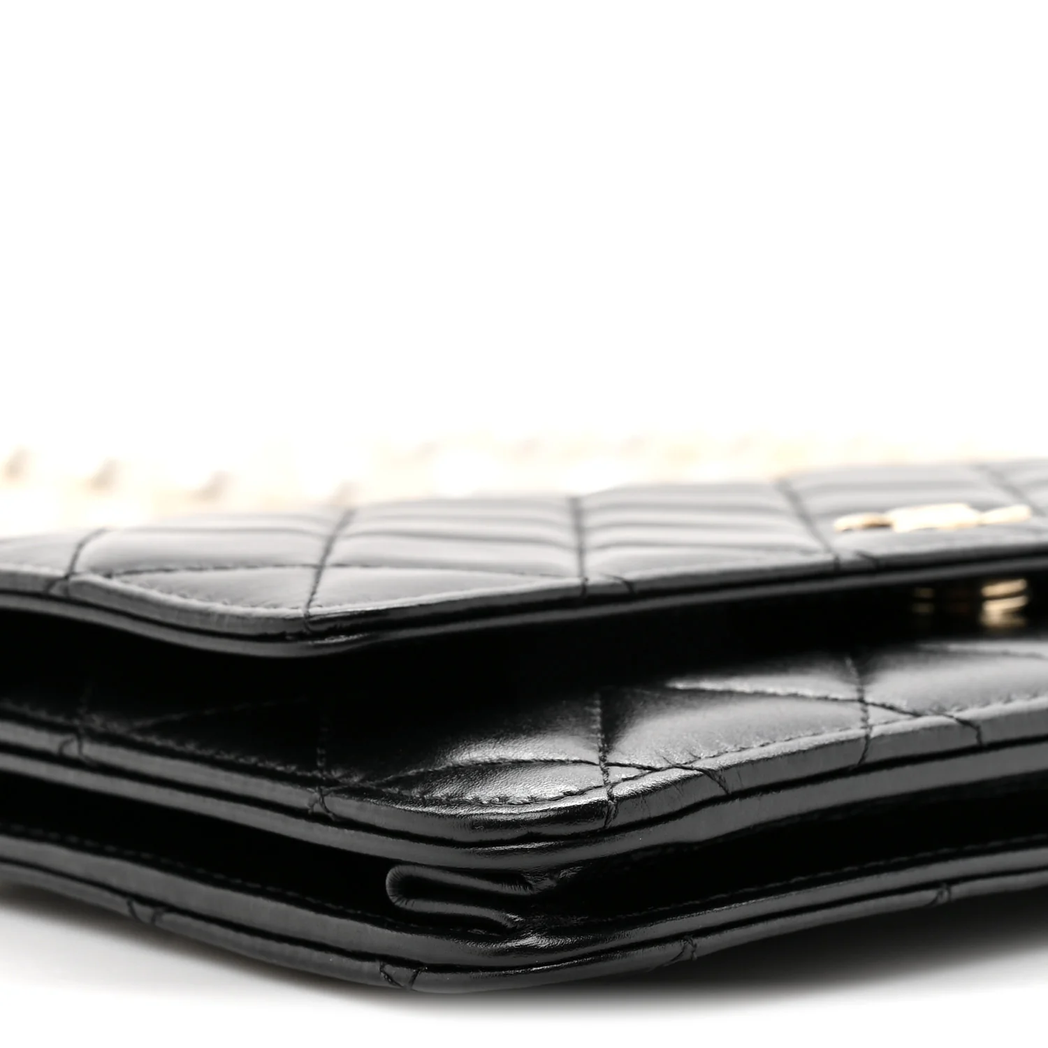 Lambskin Quilted Pearl Wallet On Chain WOC Black - Image 11