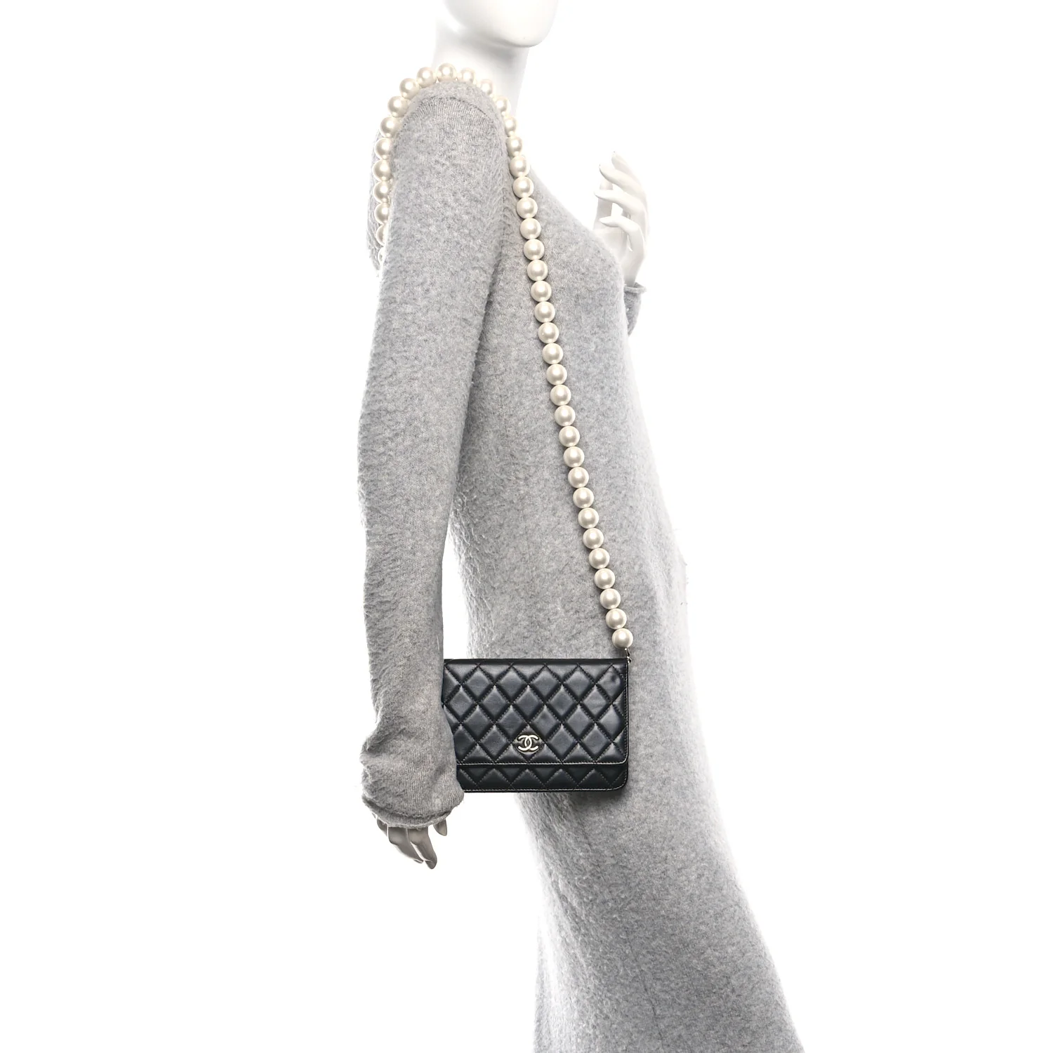 Lambskin Quilted Pearl Wallet On Chain WOC Black - Image 2