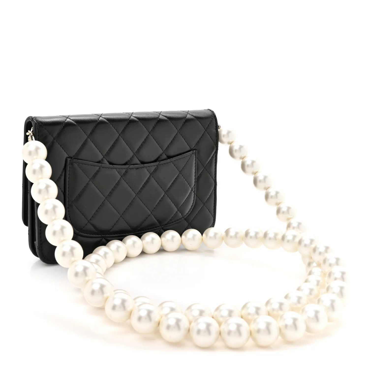 Lambskin Quilted Pearl Wallet On Chain WOC Black - Image 3
