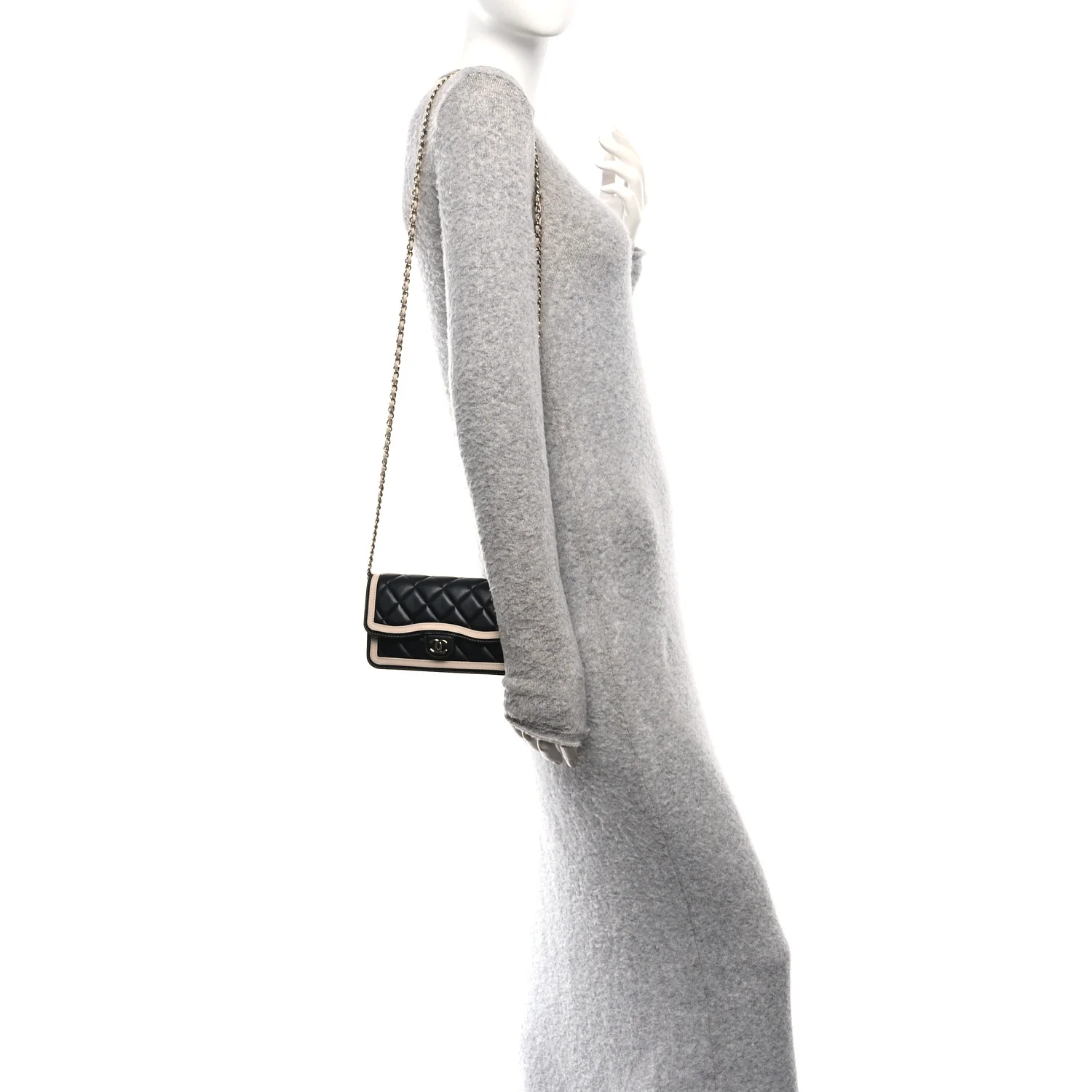 Lambskin Quilted Phone Holder Wallet With Chain Black Beige - Image 2
