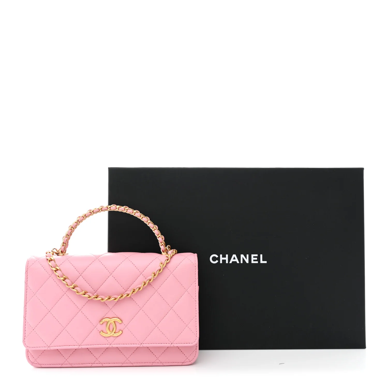 Lambskin Quilted Pick Me Up Wallet On Chain WOC Light Pink - Image 12