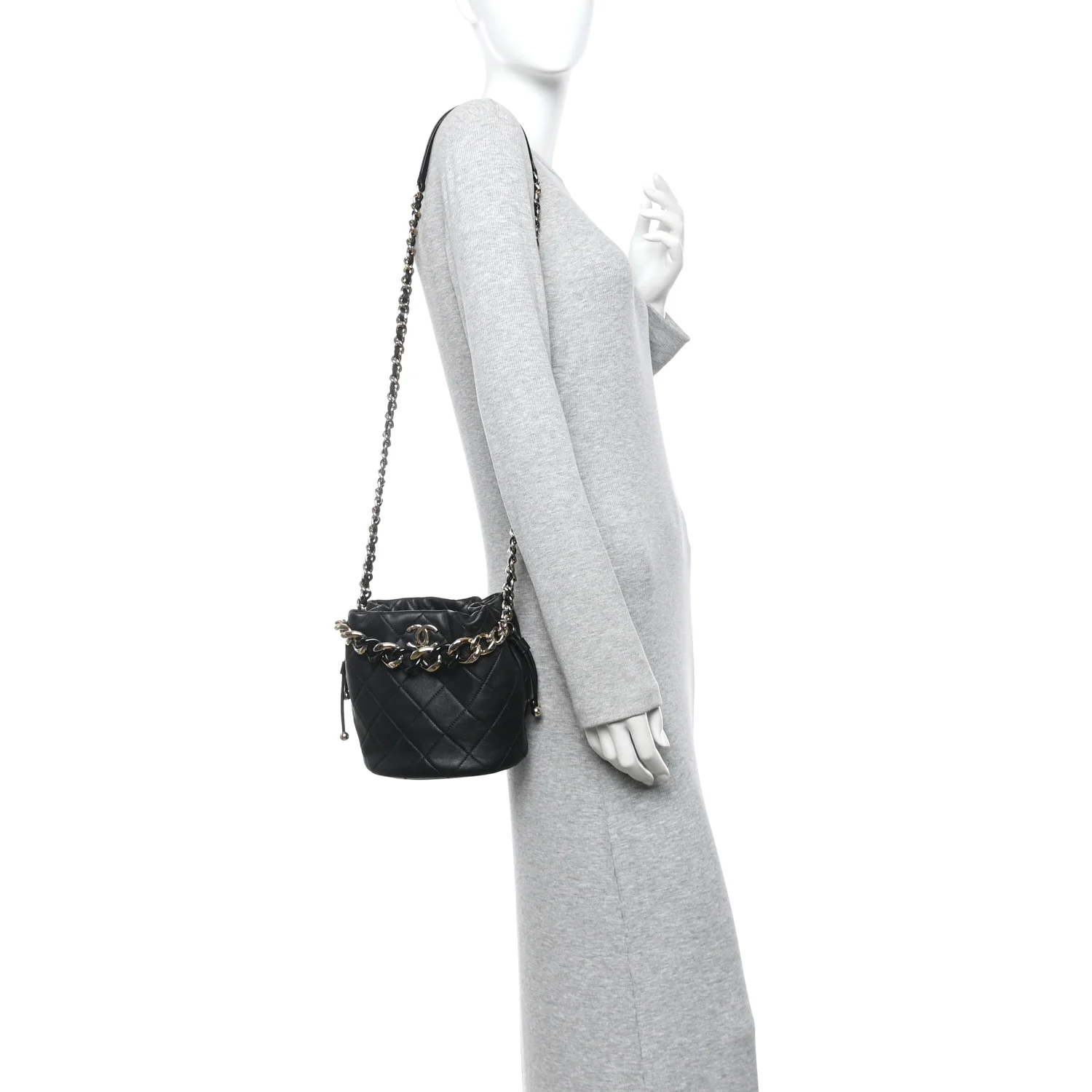 Lambskin Quilted Resin Bi-Color Chain Bucket Bag Black - Image 2