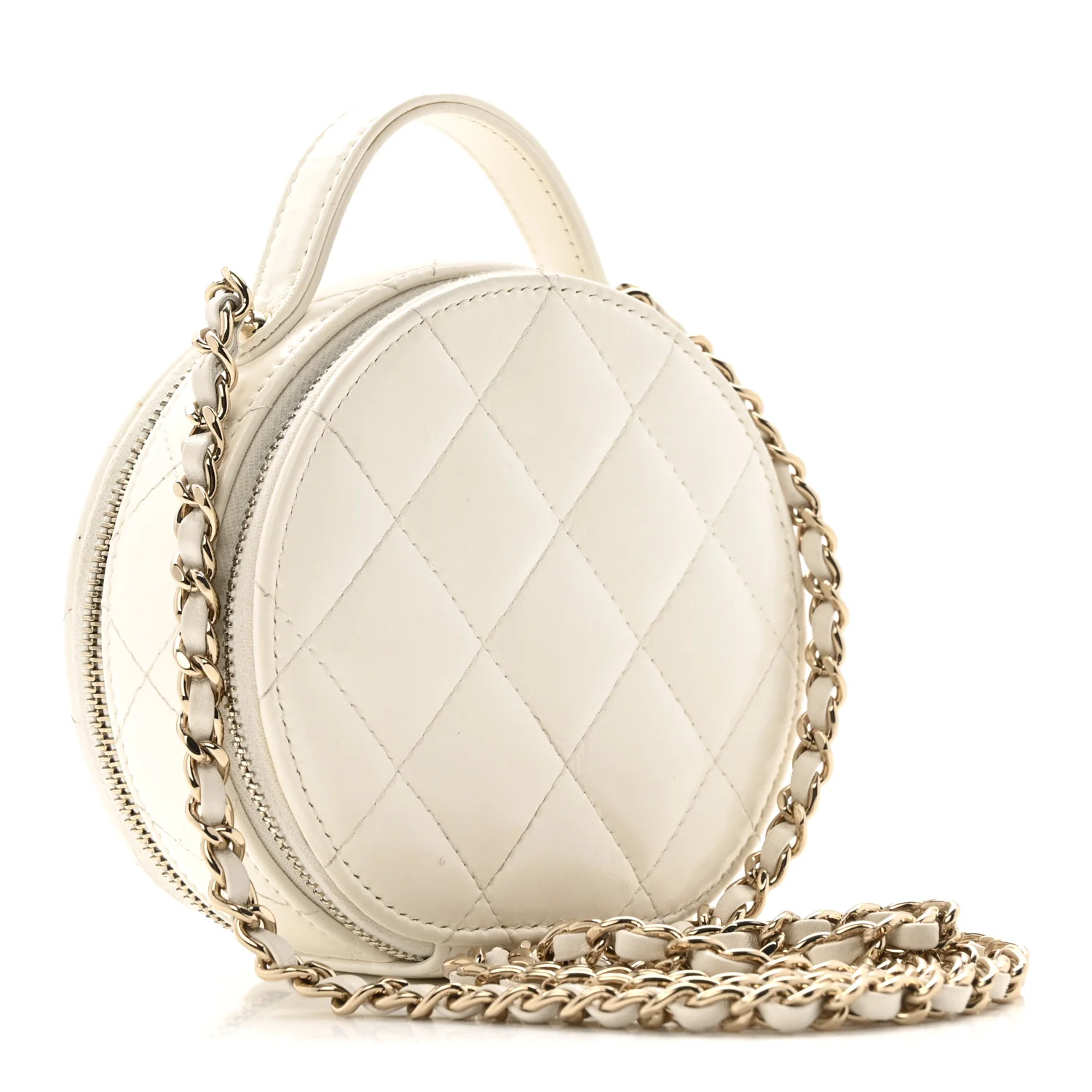 Lambskin Quilted Round Handle With Care Vanity With Chain White - Image 2