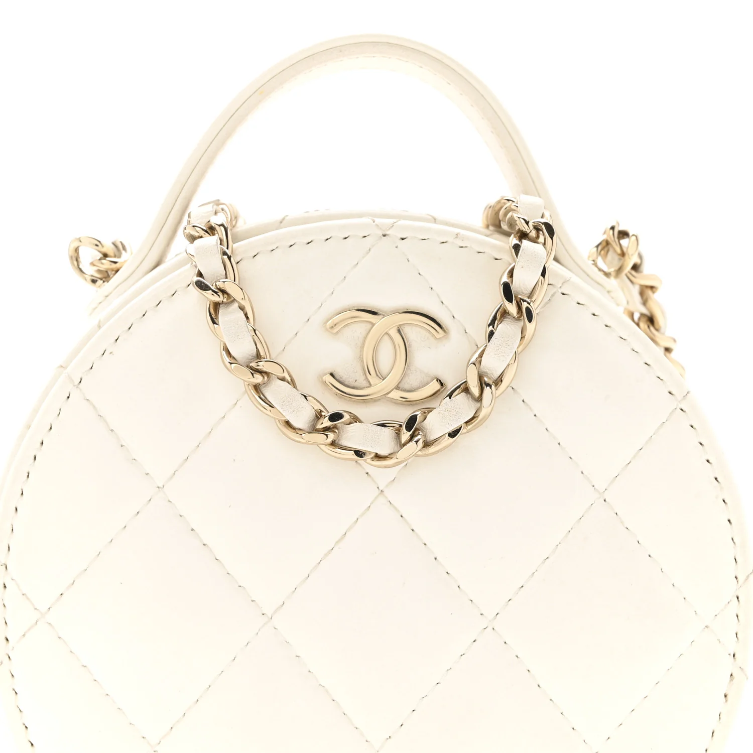 Lambskin Quilted Round Handle With Care Vanity With Chain White - Image 8