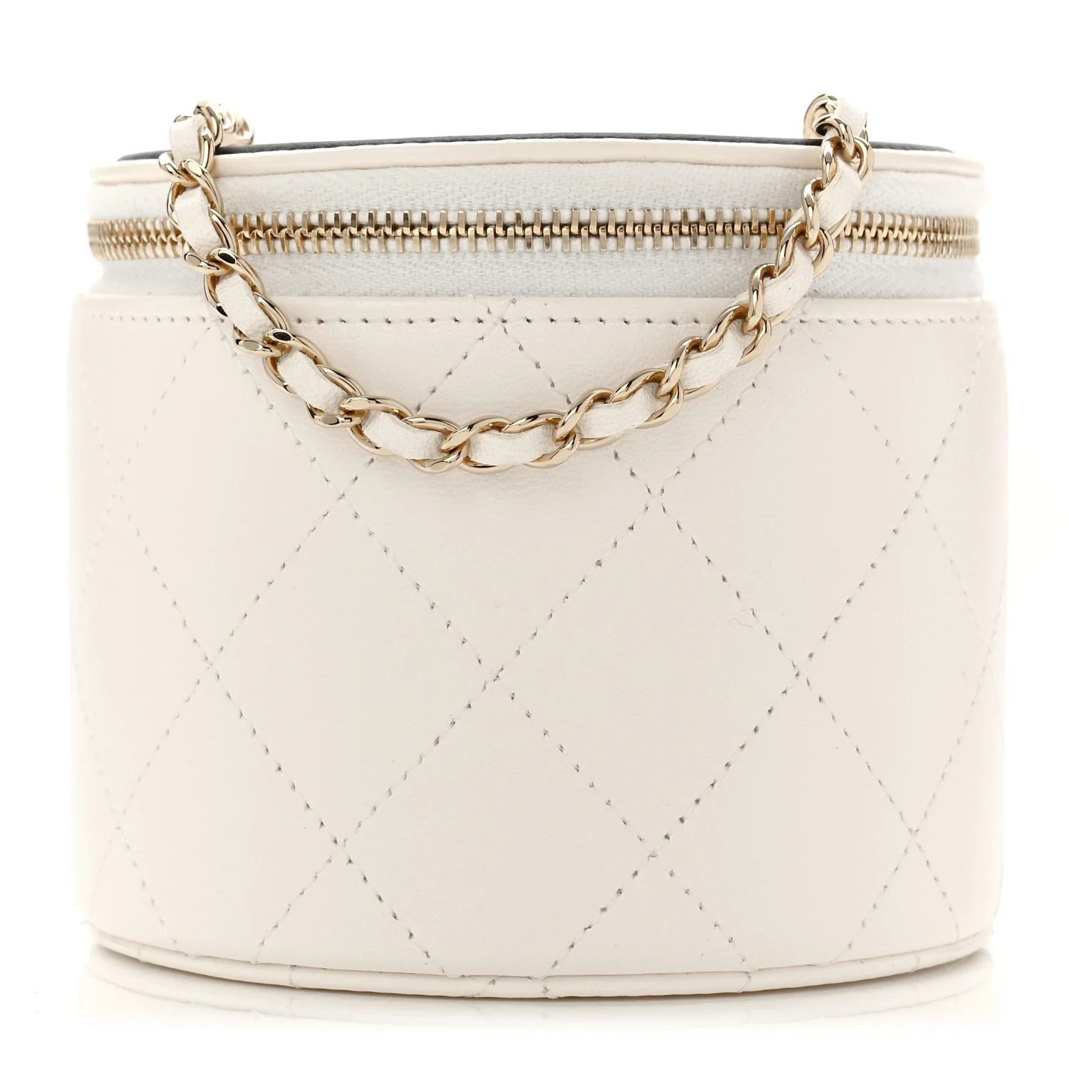 Lambskin Quilted Round Small Vanity Case With Chain White Black