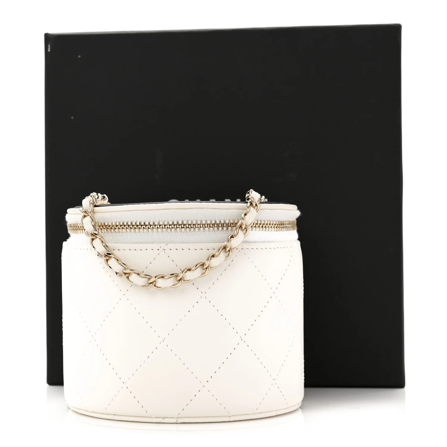 Lambskin Quilted Round Small Vanity Case With Chain White Black - Image 11