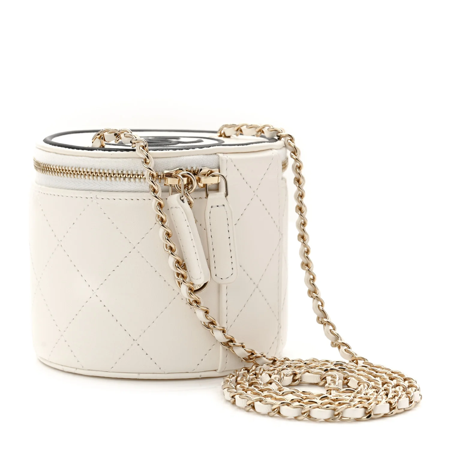 Lambskin Quilted Round Small Vanity Case With Chain White Black - Image 3