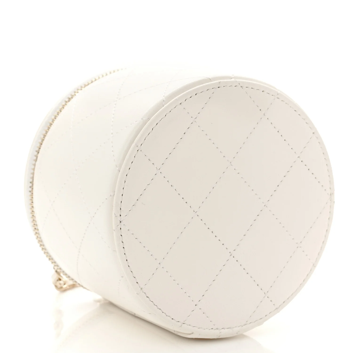 Lambskin Quilted Round Small Vanity Case With Chain White Black - Image 4