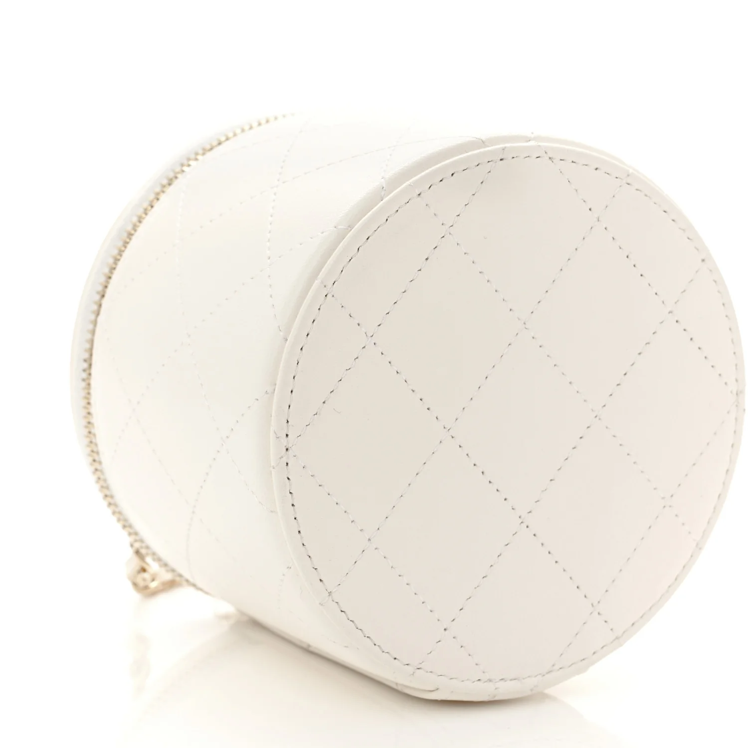 Lambskin Quilted Round Small Vanity Case With Chain White Black - Image 9
