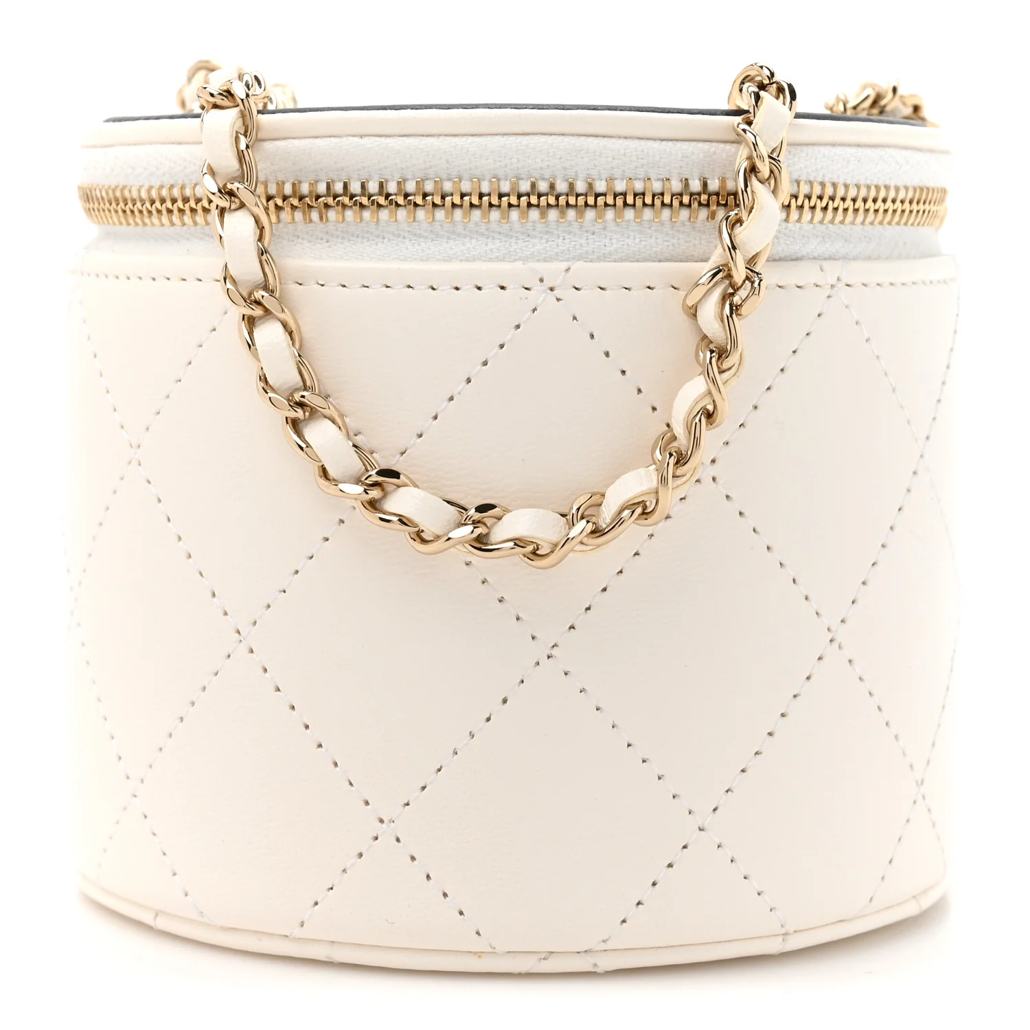 Lambskin Quilted Round Small Vanity Case With Chain White Black