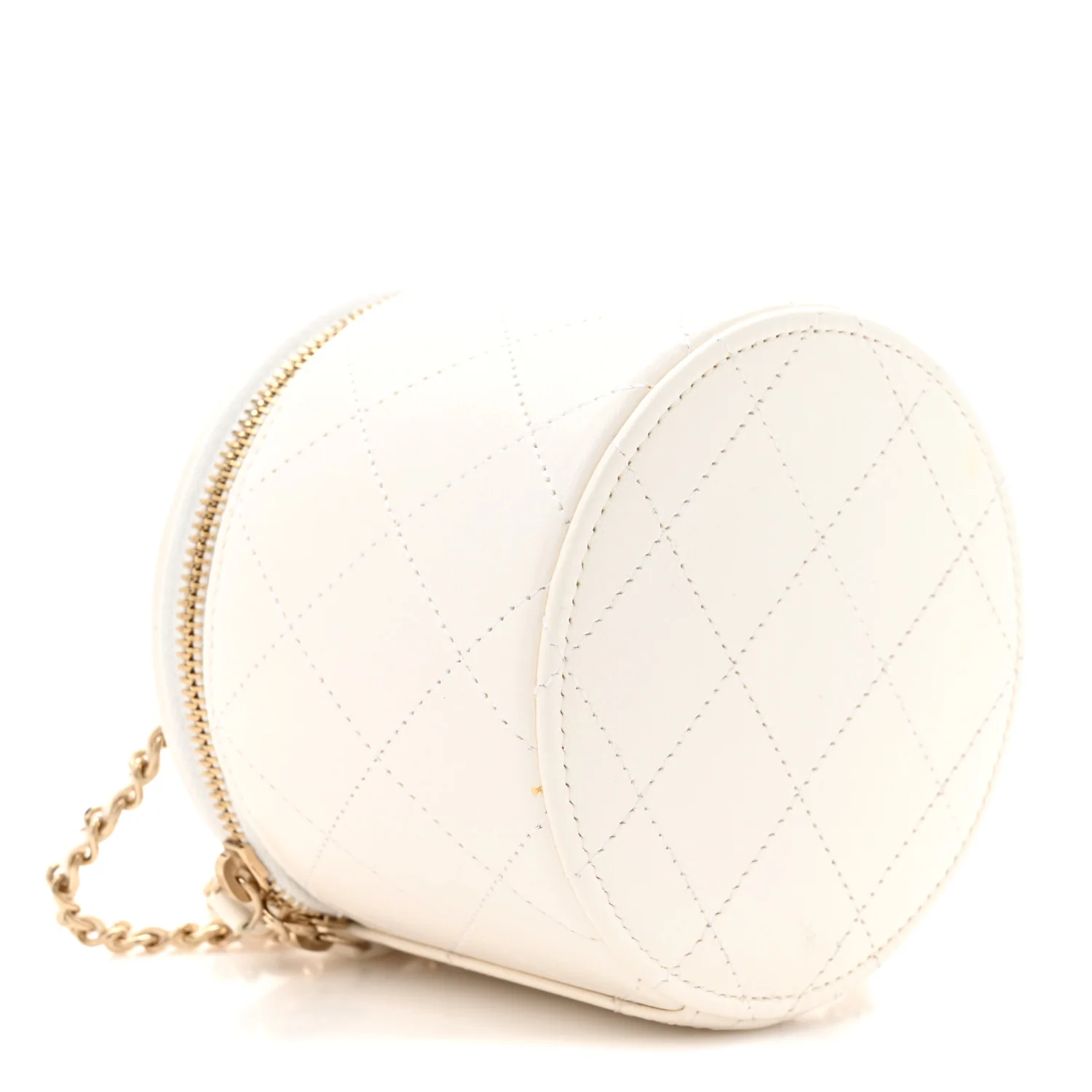 Lambskin Quilted Round Small Vanity Case With Chain White Black - Image 10