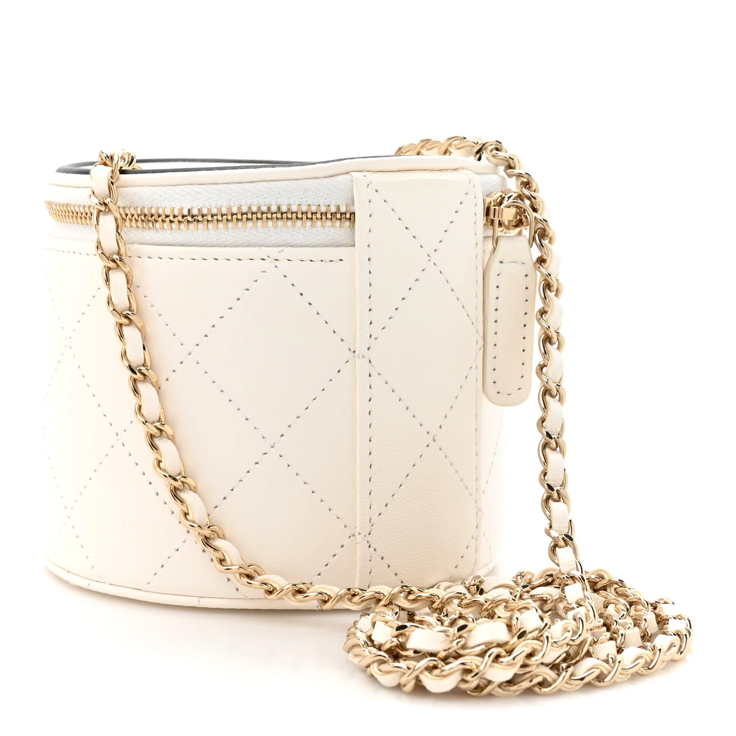 Lambskin Quilted Round Small Vanity Case With Chain White Black - Image 3